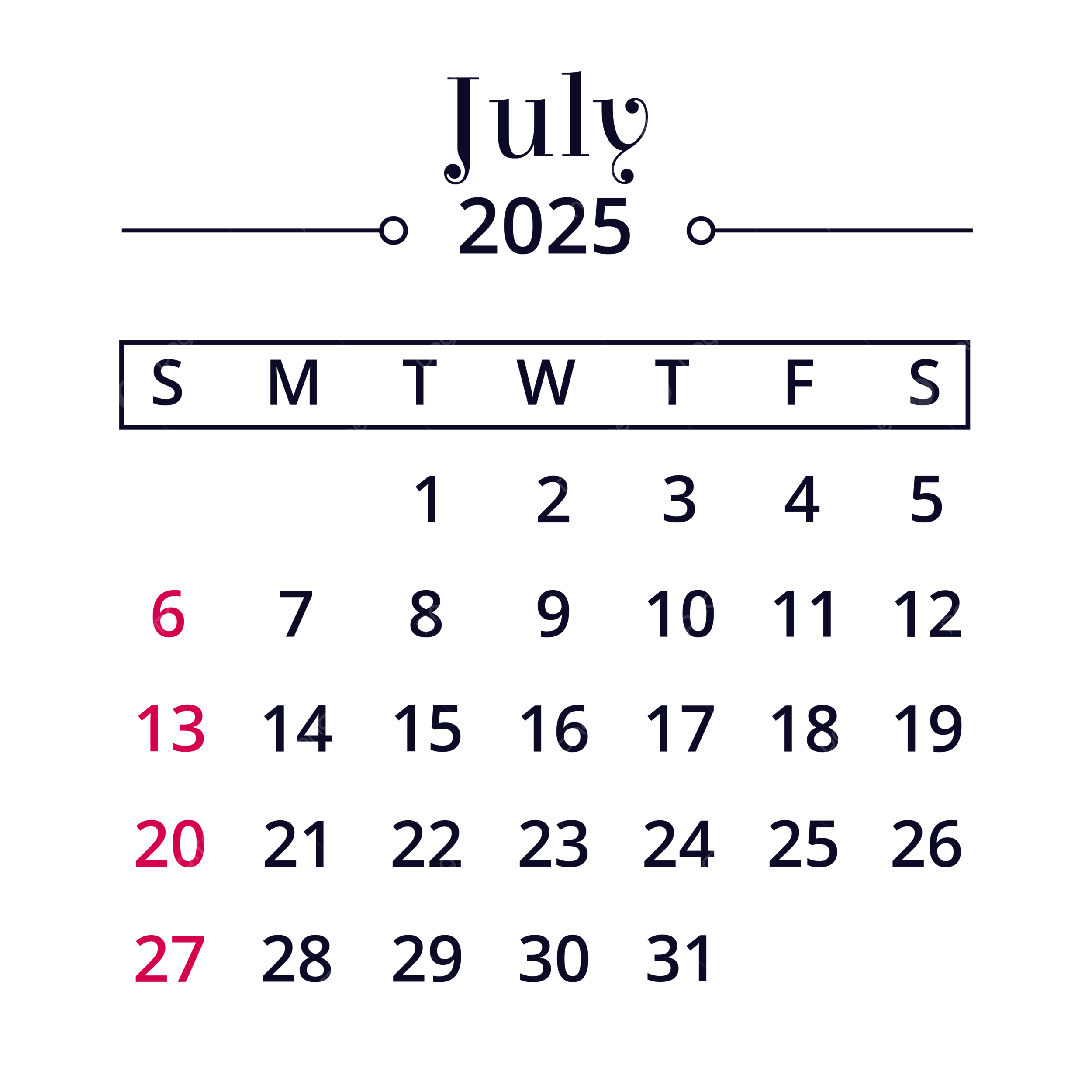 Calendar July 2025 Minimalist Vector Calendar 2025 July 2025 July 2025 Calendar PNG And Vector With Transparent Background For Free Download