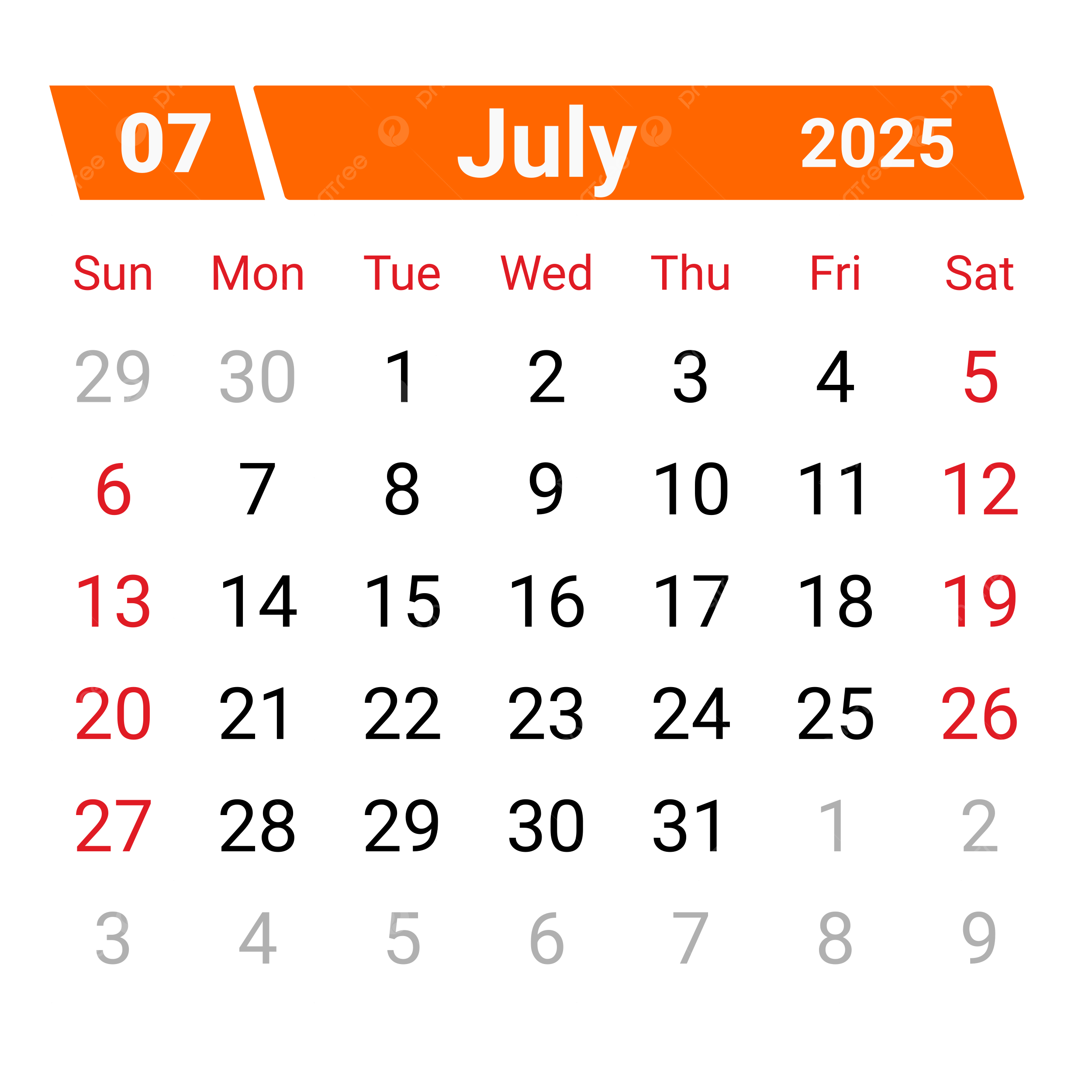 Calendar July 2025 PNG Transparent Images Free Download Vector Files Pngtree