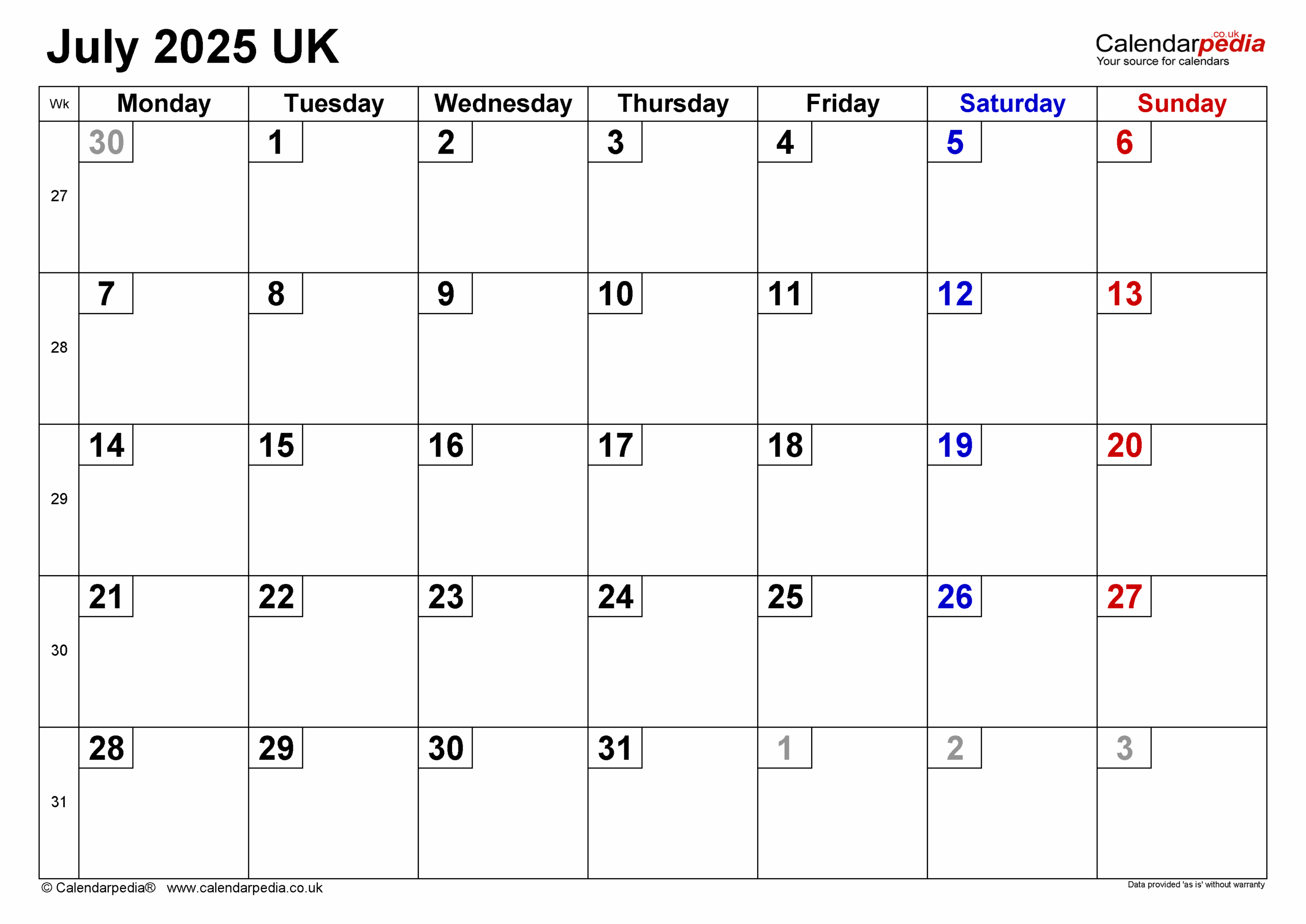 Calendar July 2025 UK With PDF Excel And Word Templates