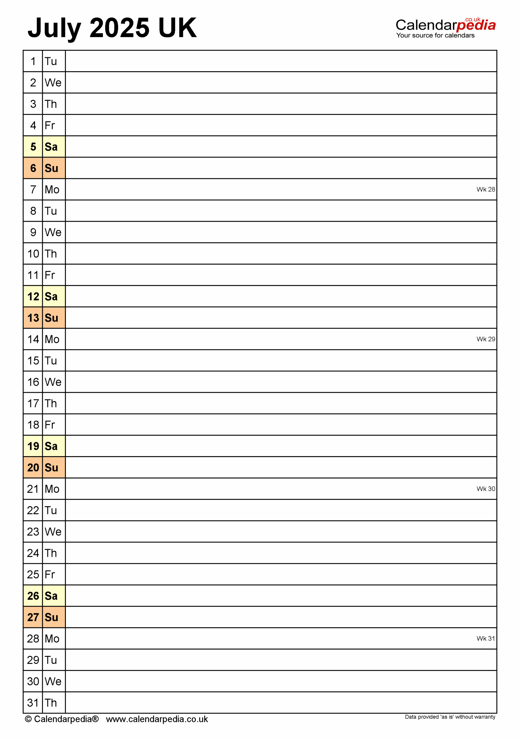 Calendar July 2025 UK With PDF Excel And Word Templates