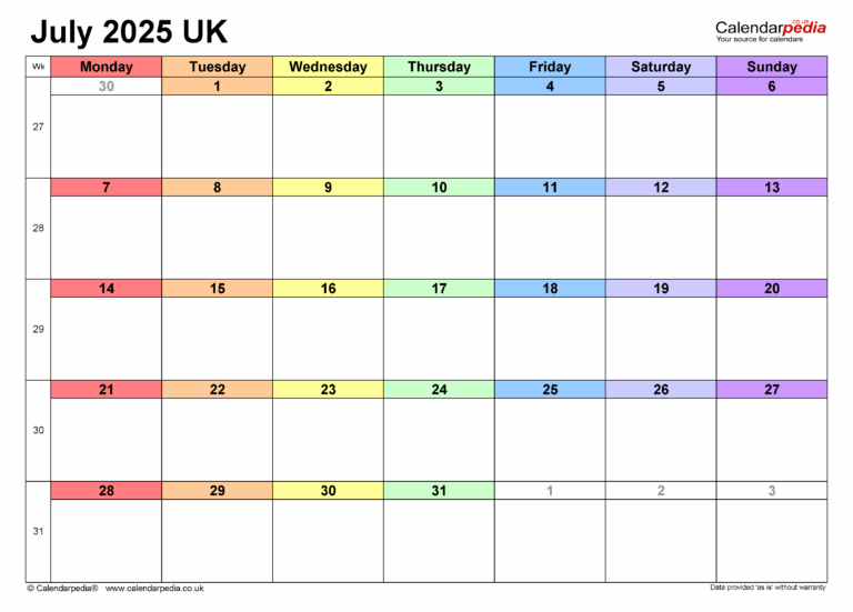 Calendar July 2025 UK With PDF Excel And Word Templates
