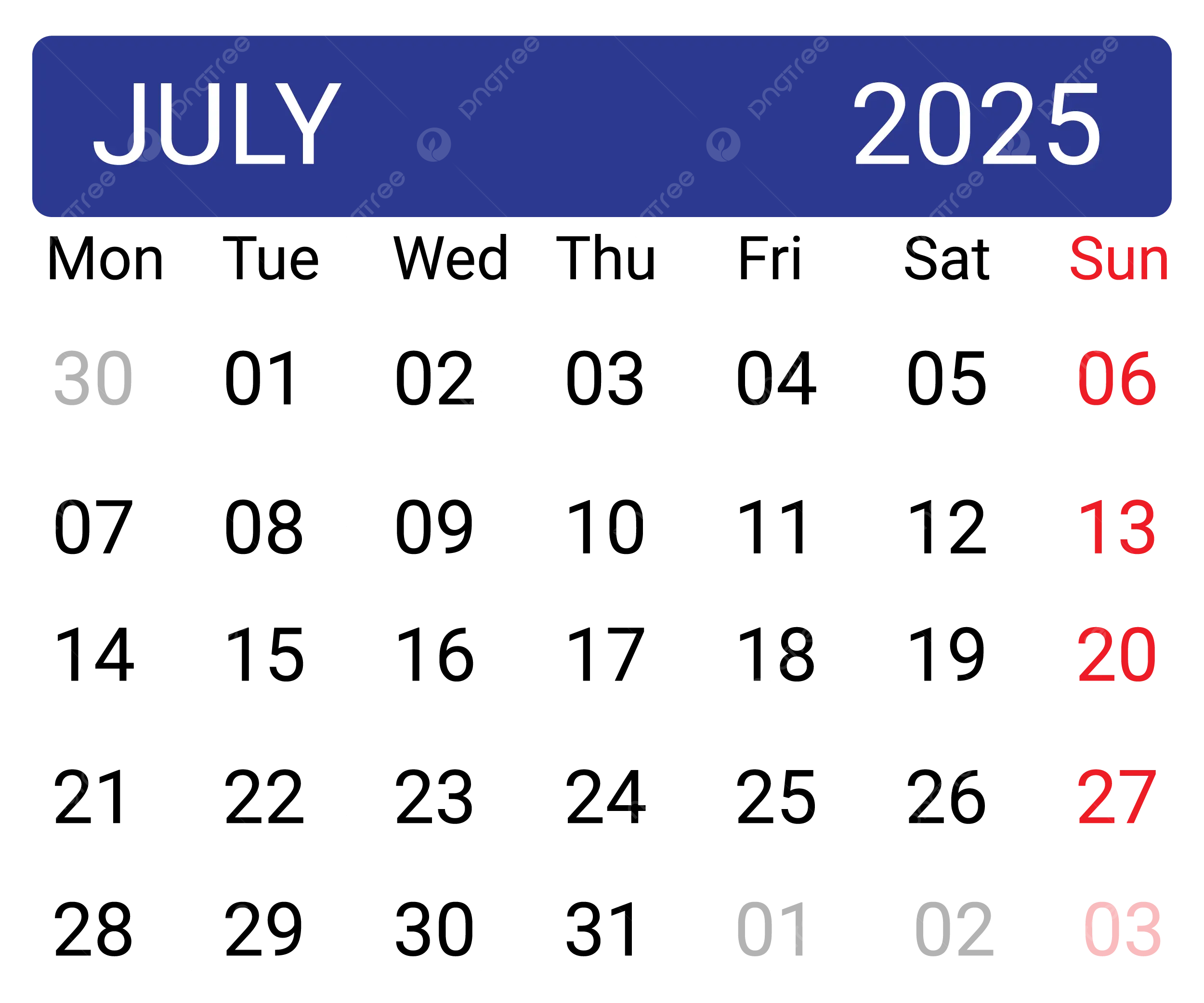 Calendar July 2025 Vector Calendar 2025 July Monthly PNG And Vector With Transparent Background For Free Download