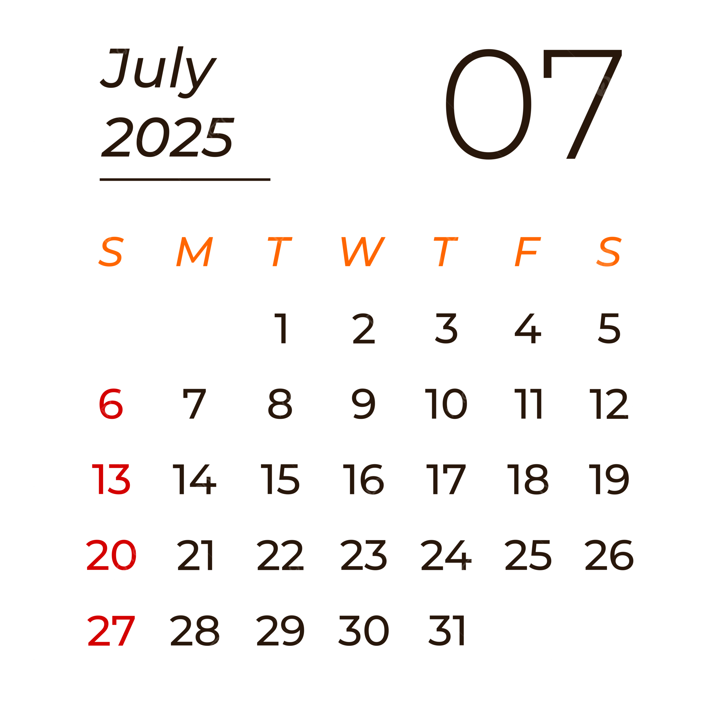Calendar July 2025 Vector Calendar July Calendar 2025 2025 PNG 