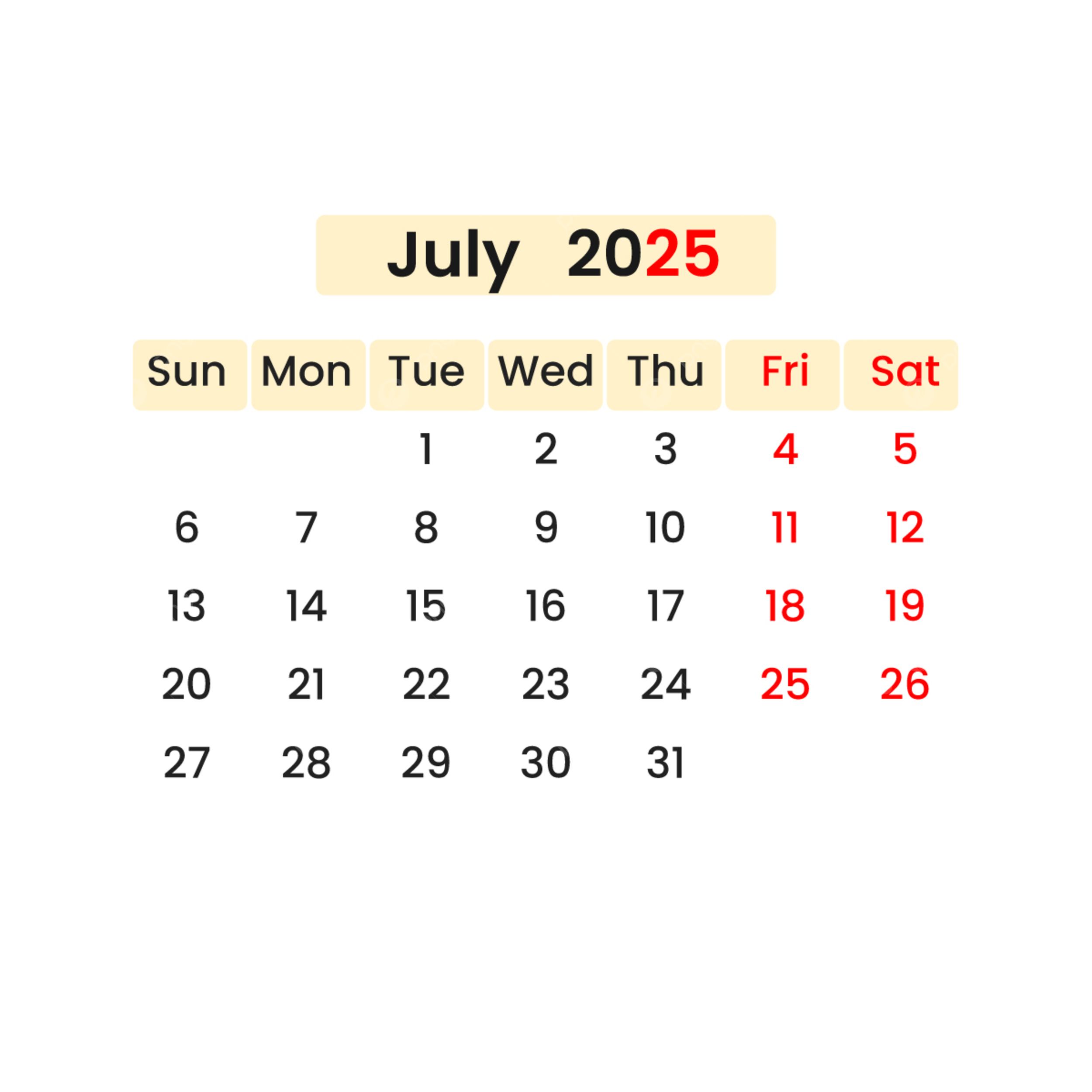 National Calendar July 2025
