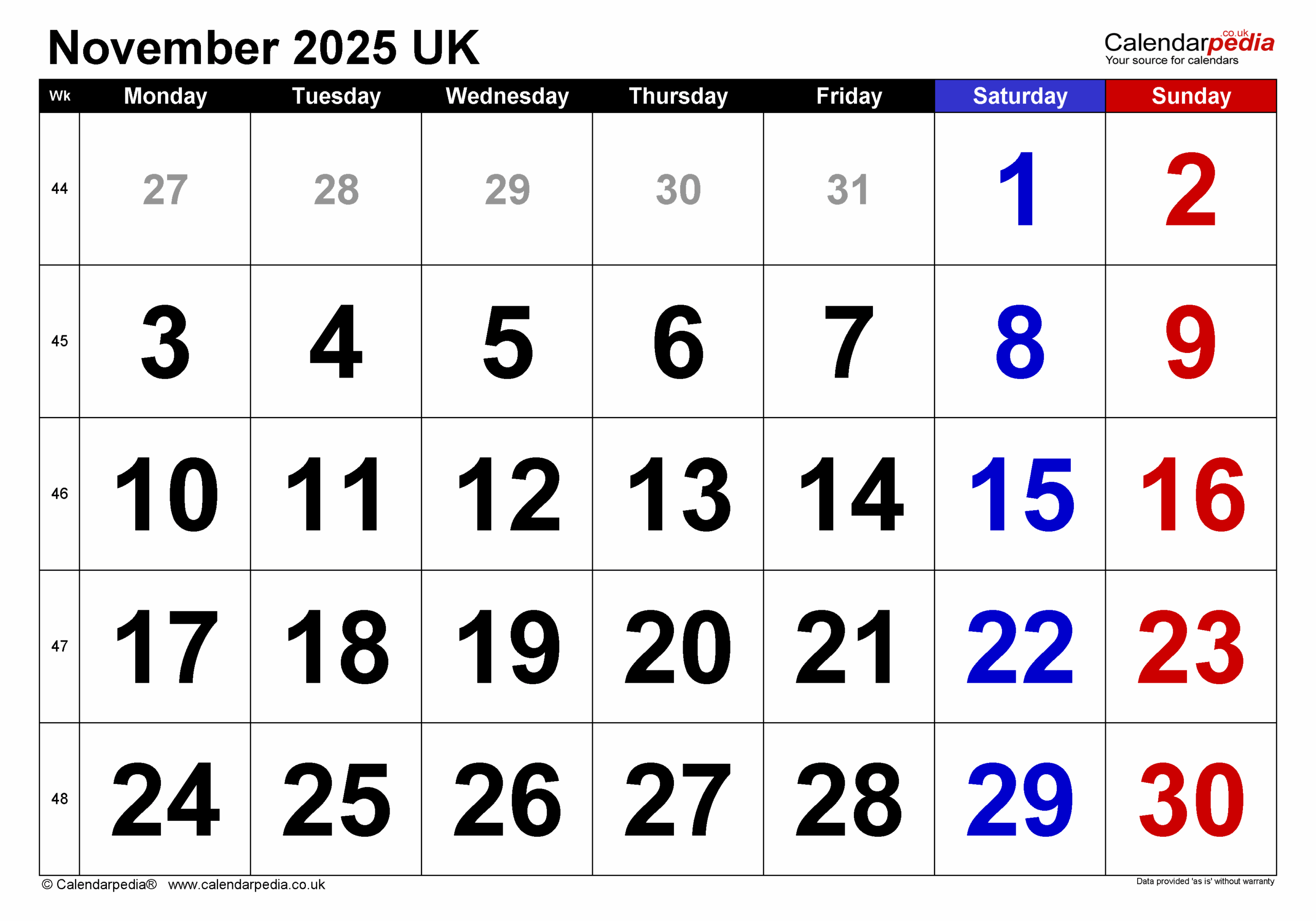 November 2025 Calendar Template Word