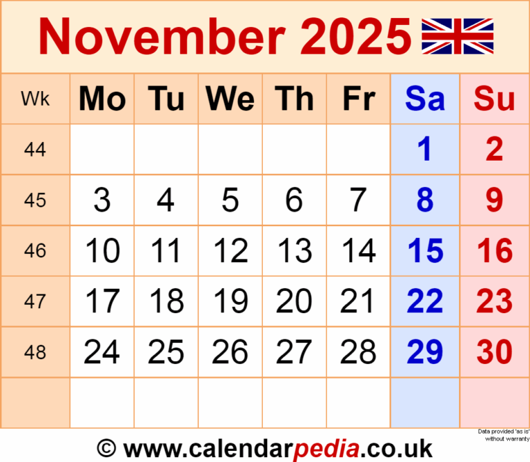 Calendar November 2025 UK With PDF Excel And Word Templates