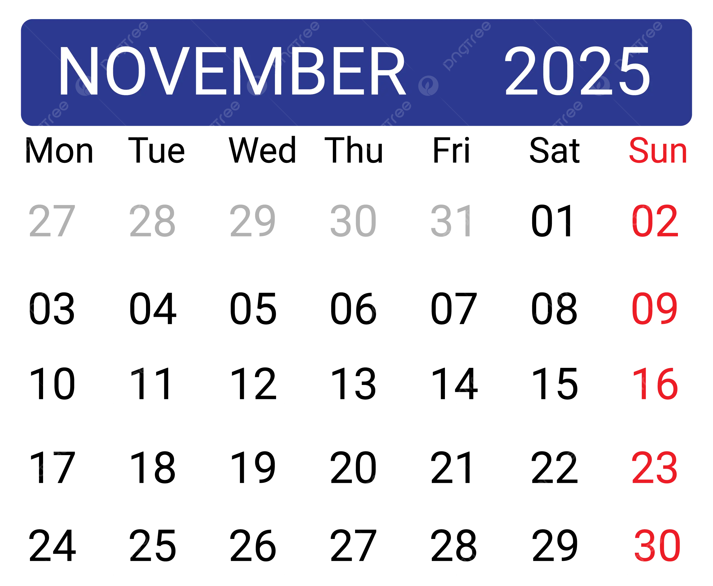 Calendar November 2025 Vector Calendar 2025 November 2025 Calendar PNG And Vector With Transparent Background For Free Download