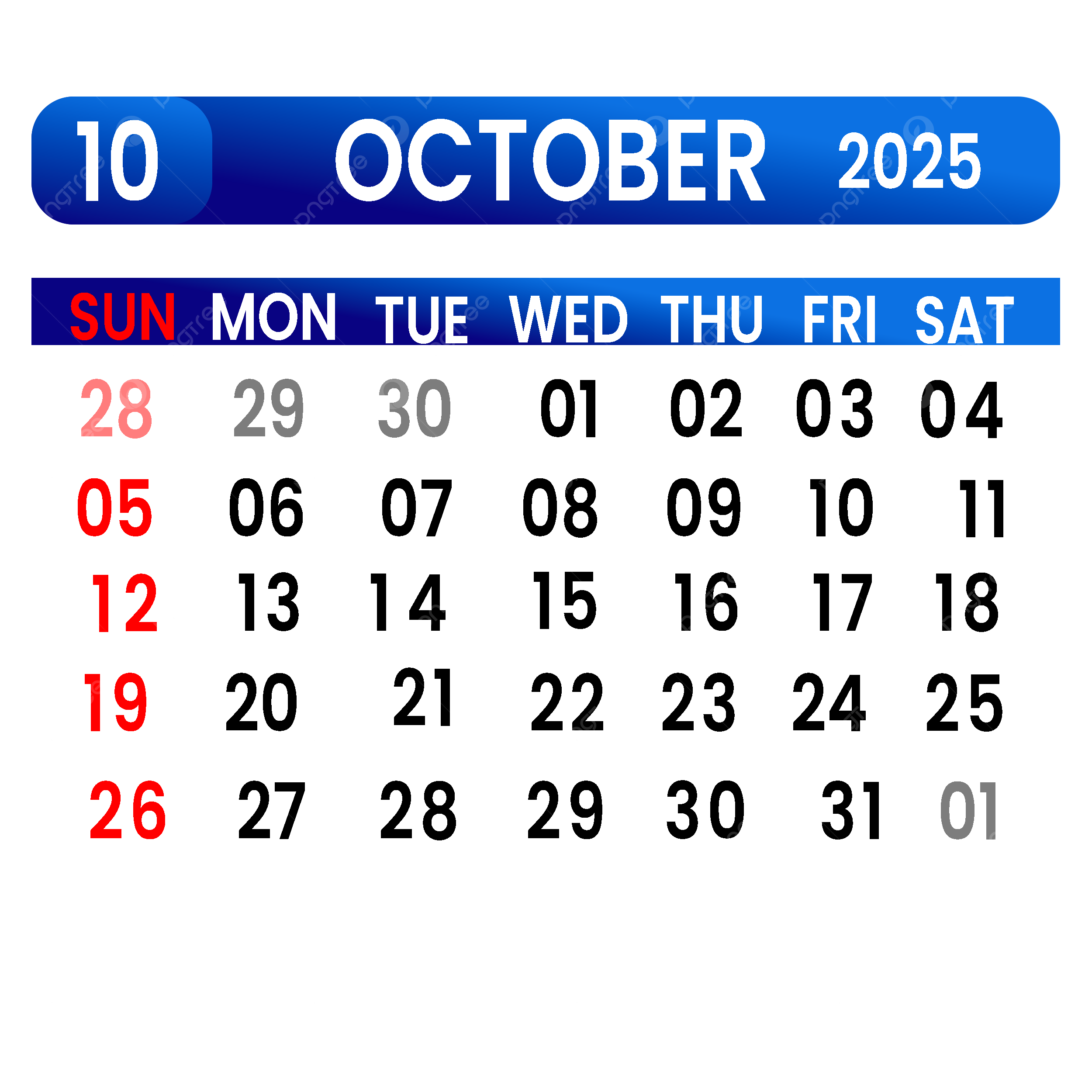 Calendar October 2025 Calendar October 2025 PNG Transparent Clipart Image And PSD File For Free Download