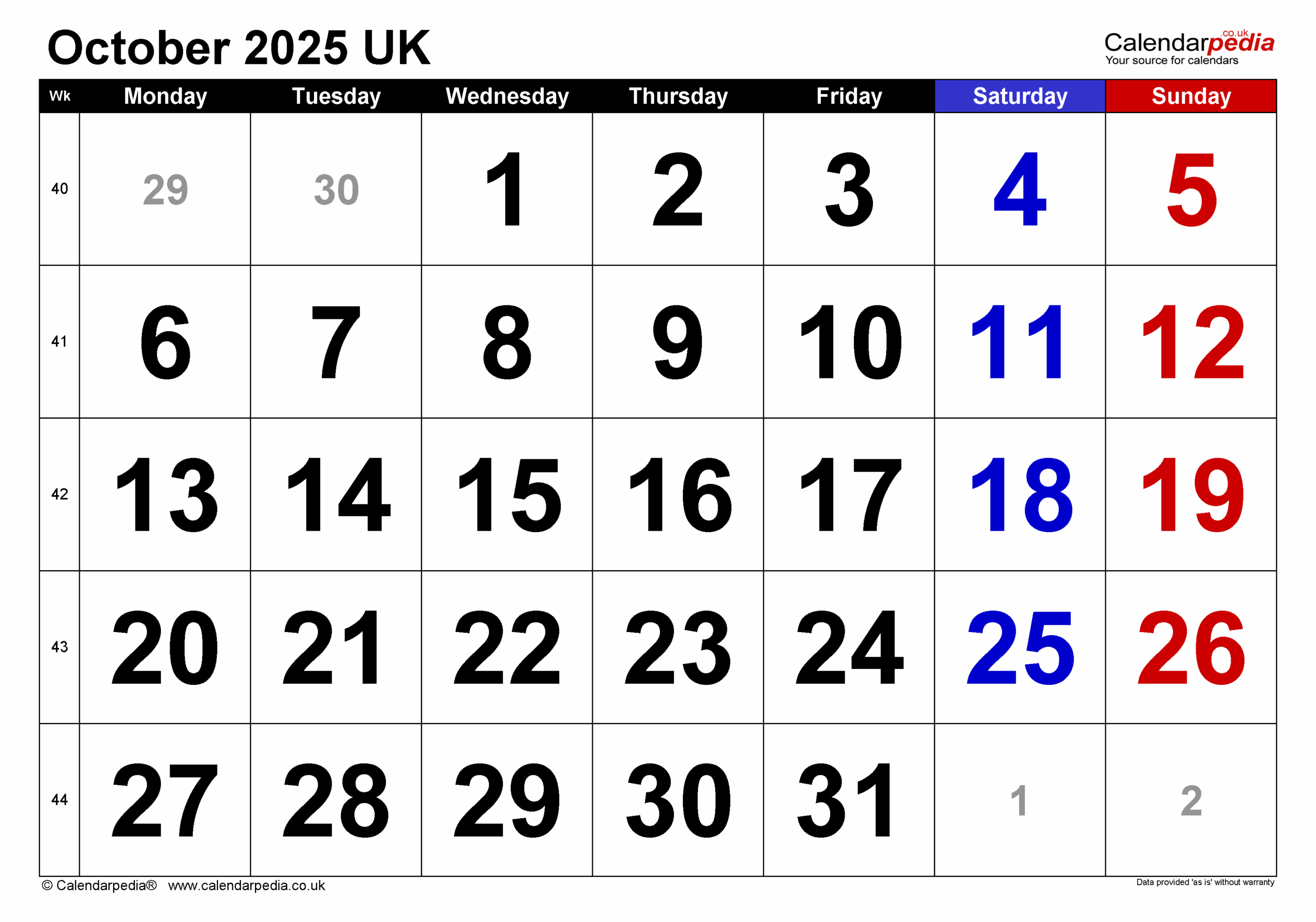 Blank Printable October 2025 Calendar