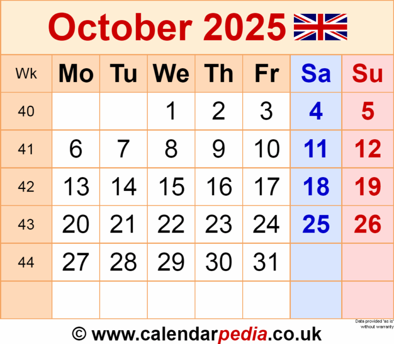 Calendar October 2025 UK With PDF Excel And Word Templates