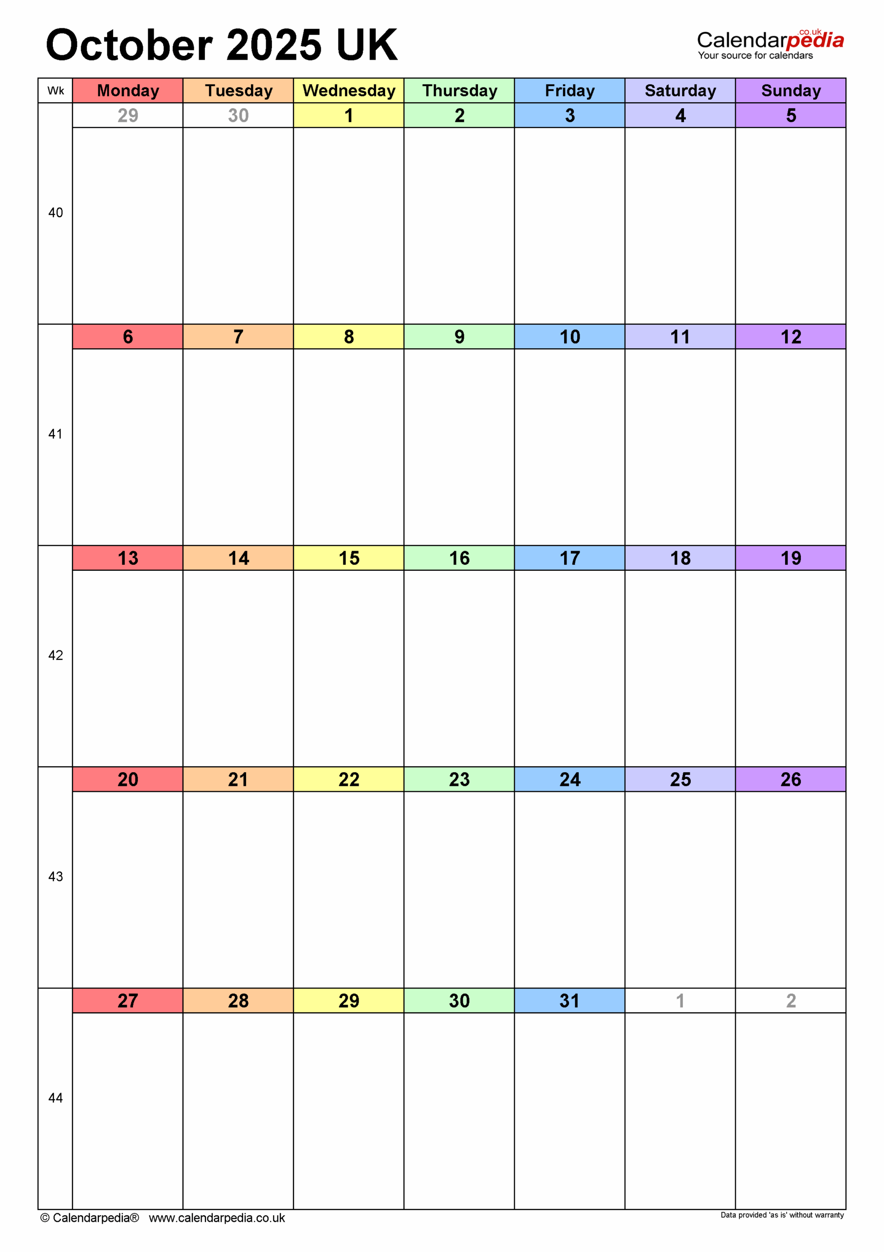Calendar October 2025 UK With PDF Excel And Word Templates