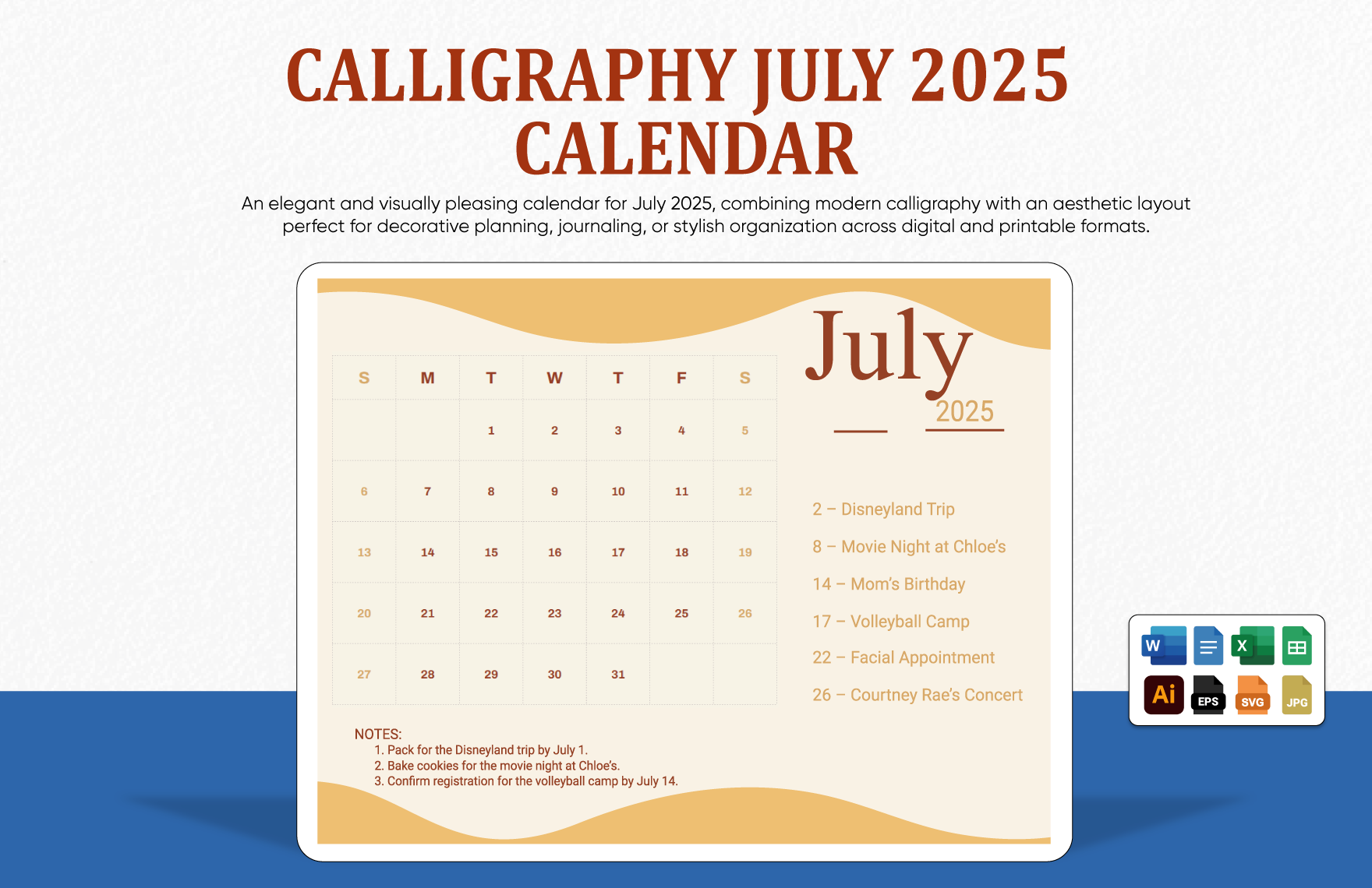 Calendar July 2025 Word