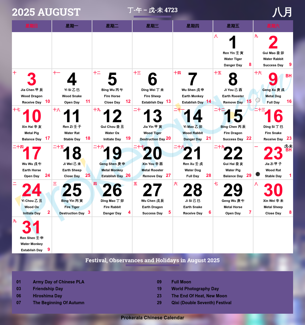 Chinese Calendar 2025 August 2025