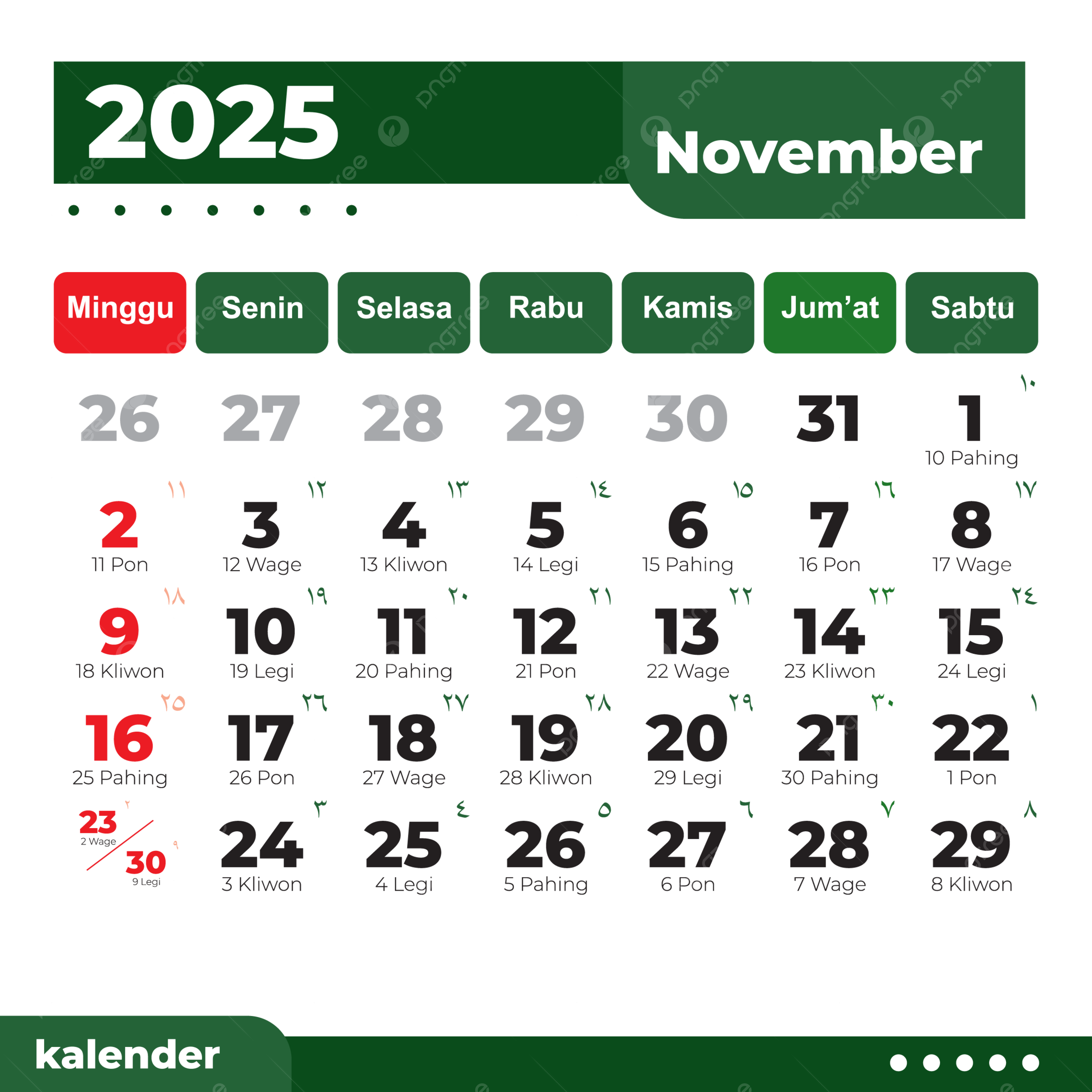 Complete Gregorian Calendar For November 2025 In Green Vector 