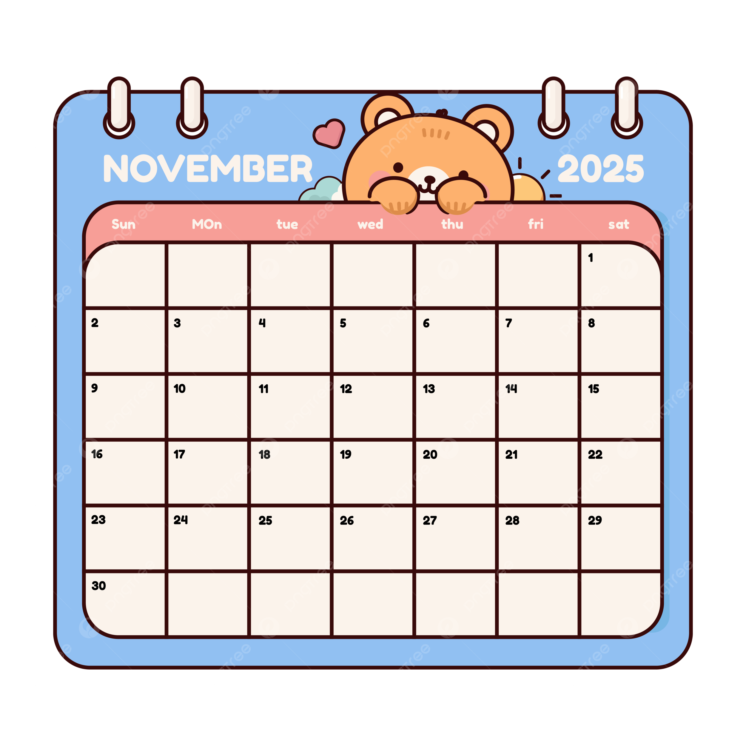 Cute Cartoon Bear November 2025 Calendar Page Wall Template Planner Diary In A Style Funny Character Isolated Vector Illustration Calendar 2025 November PNG And Vector With Transparent Background For Free Download