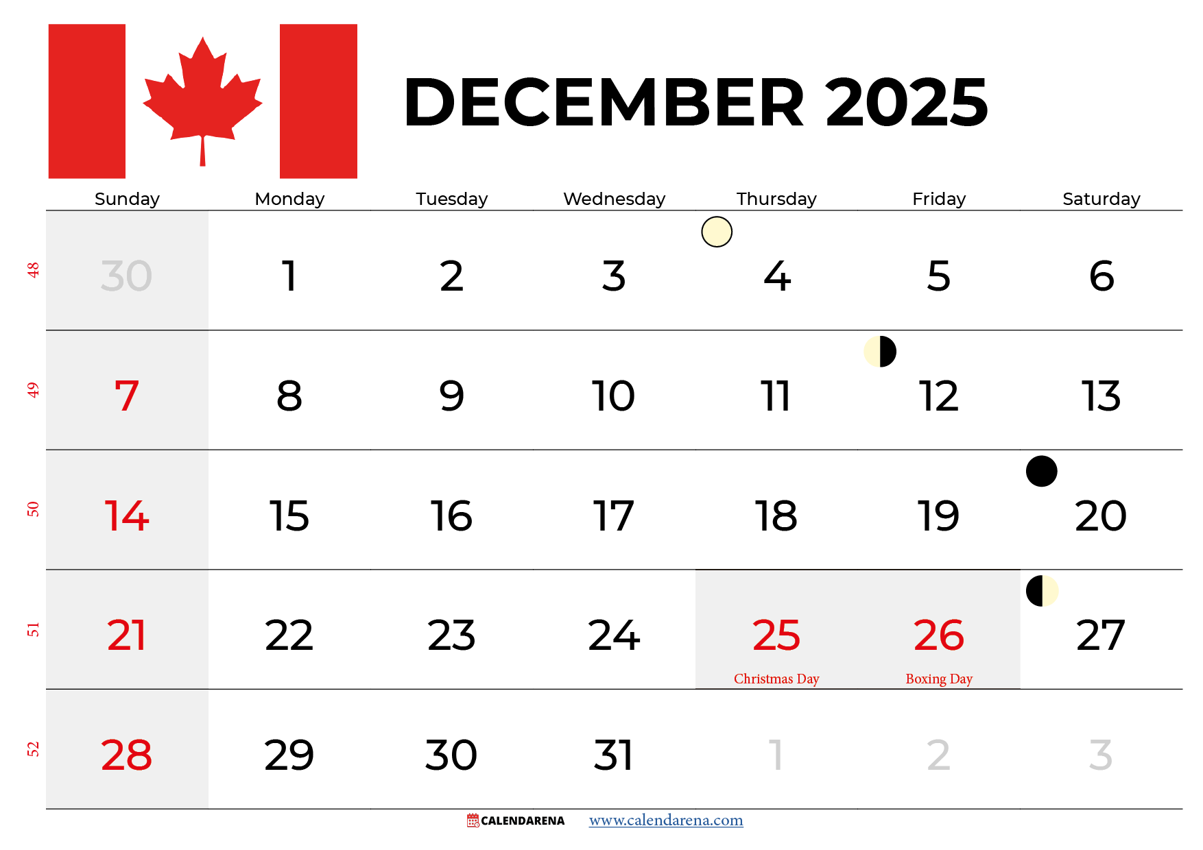 December 2025 Calendar Canada Printable