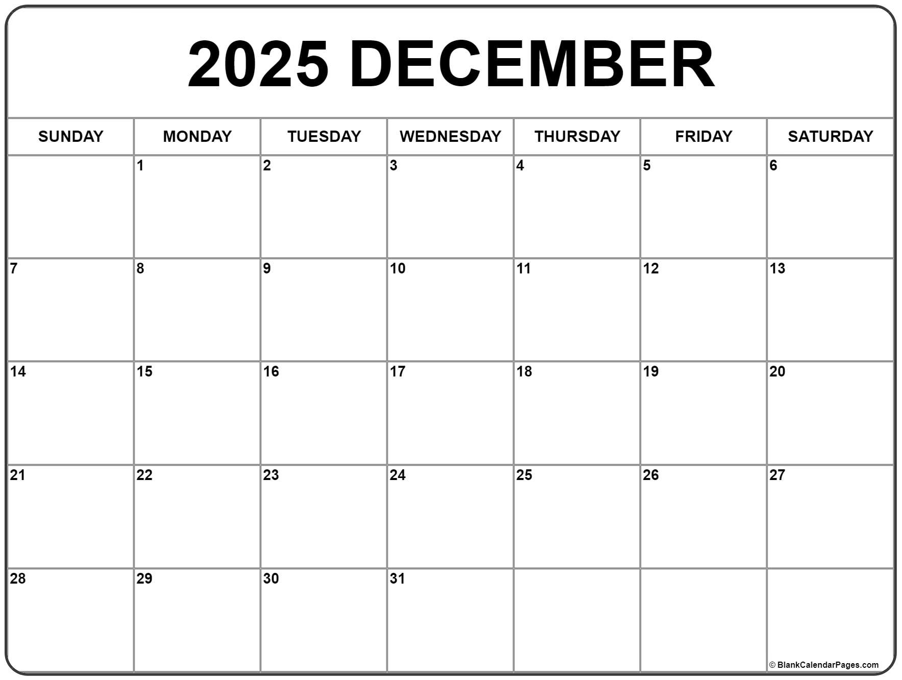 December 2025 Calendar Word