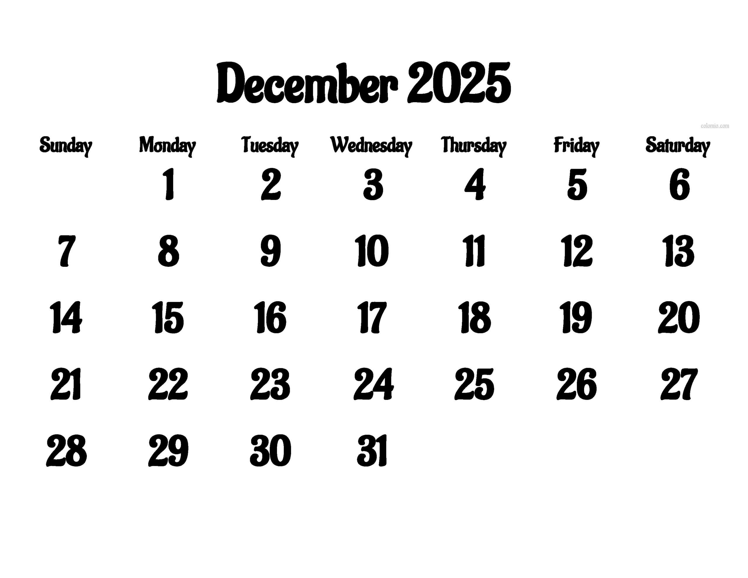Calendar December 2025 Image