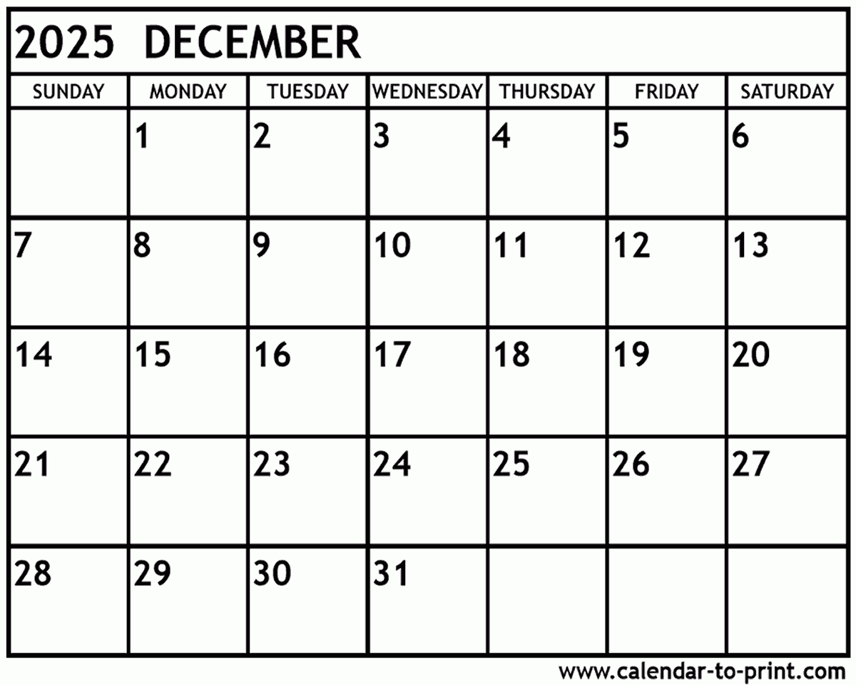 December 2025 Calendar Daily