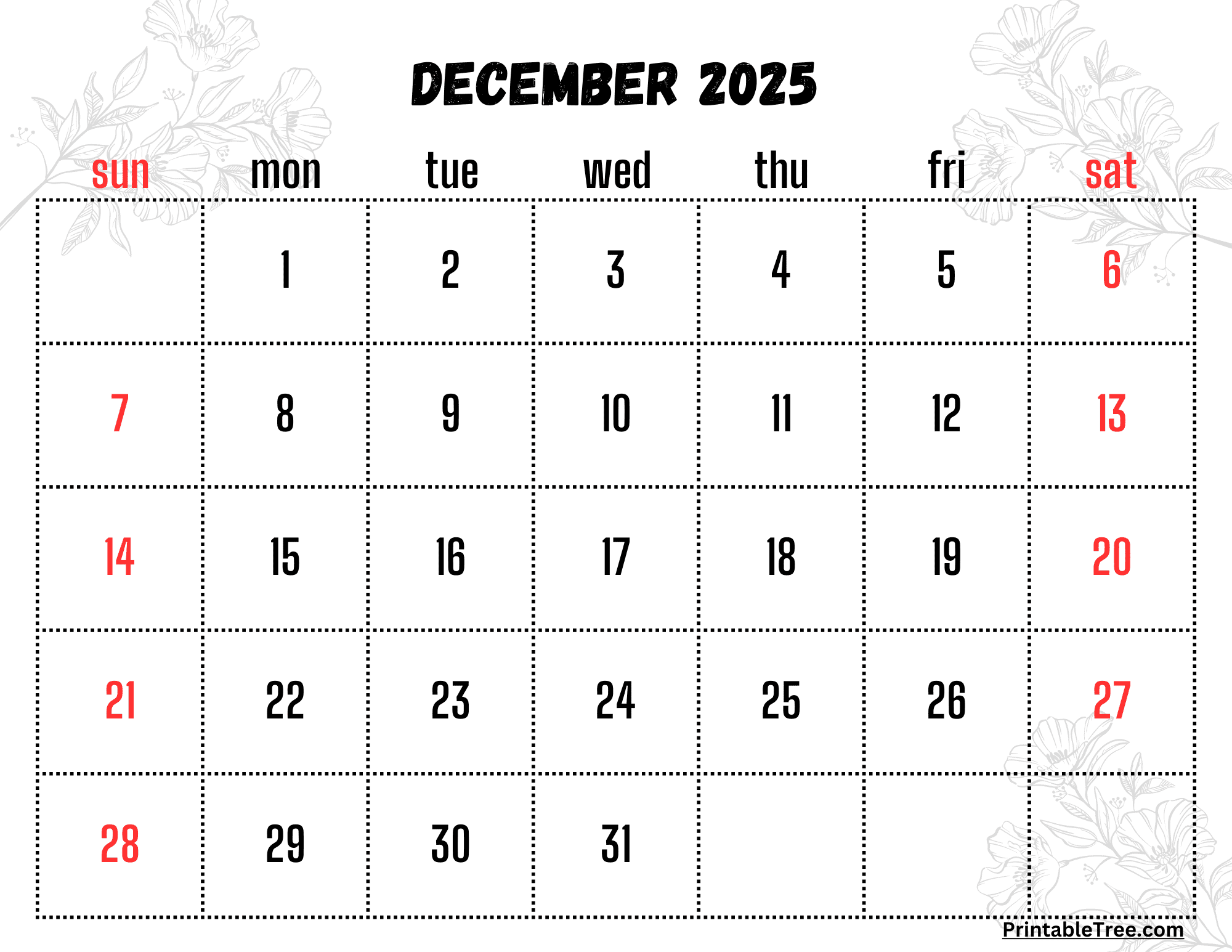 December 2025 Printable Calendar Pdf