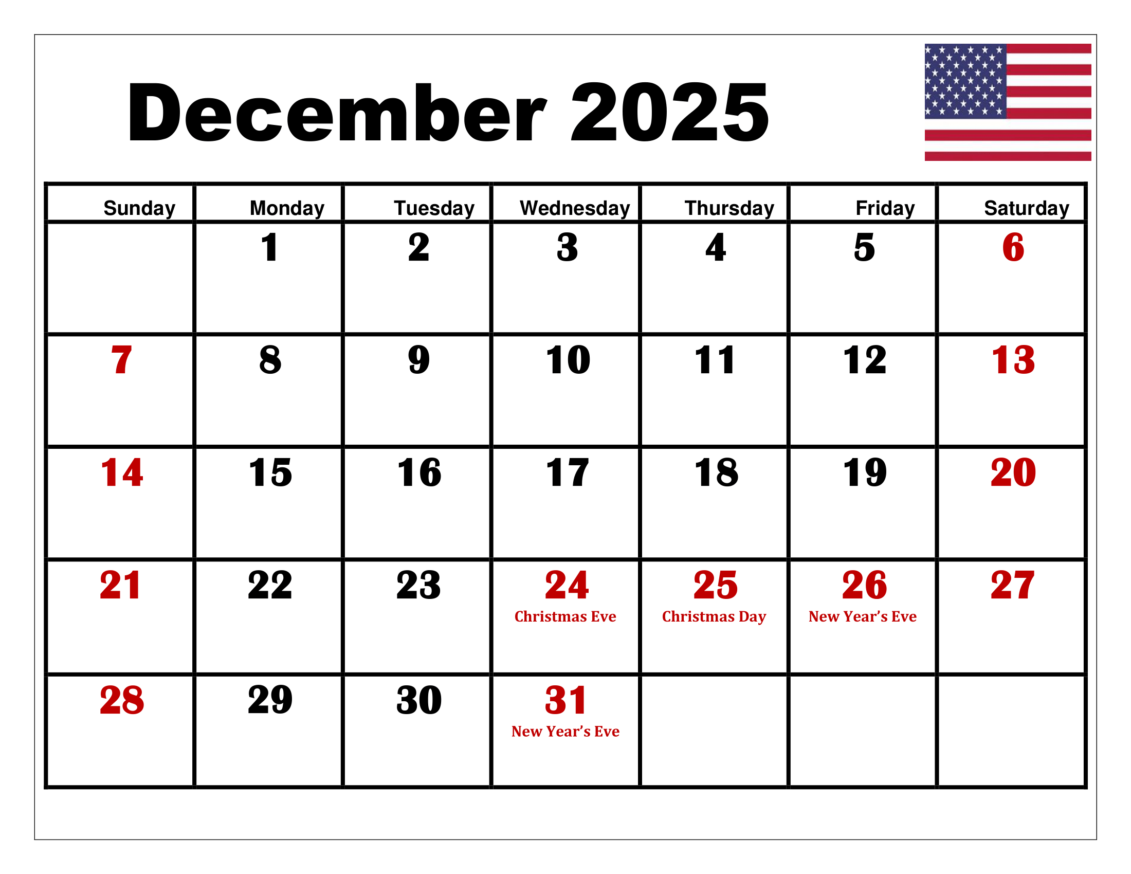 Calendar Dates December 2025