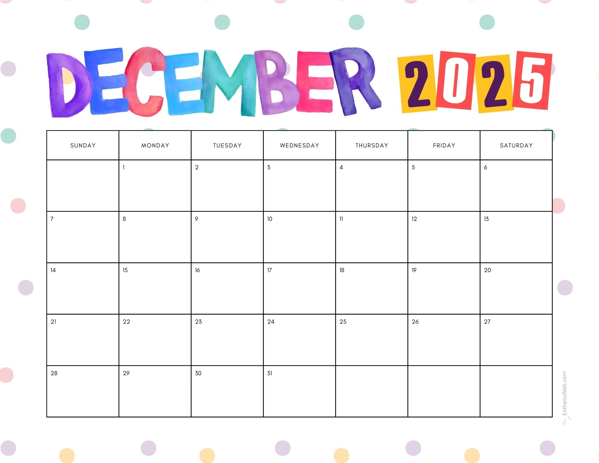 Simple December 2025 Calendar