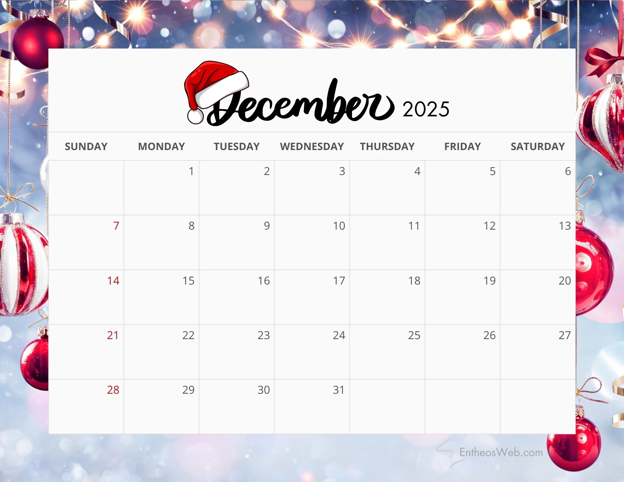 December 2025 Calendar Desktop Background
