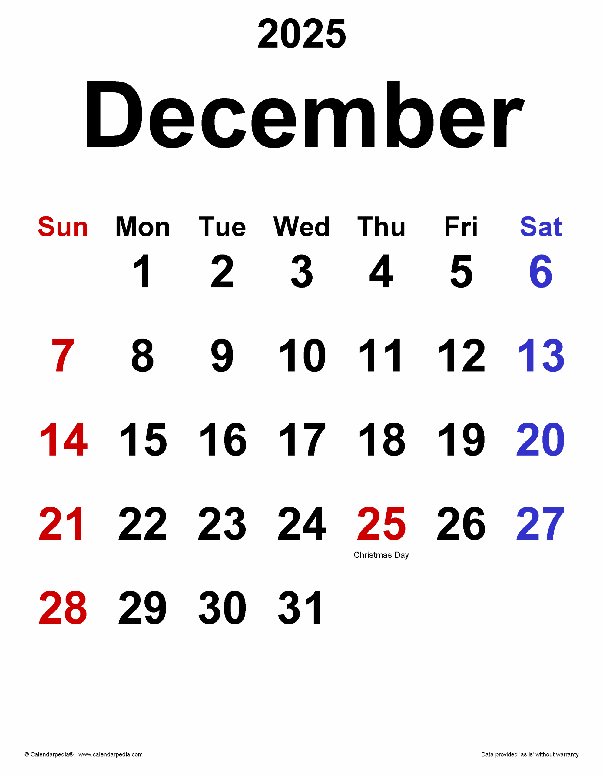 Calendar December 2025 Word