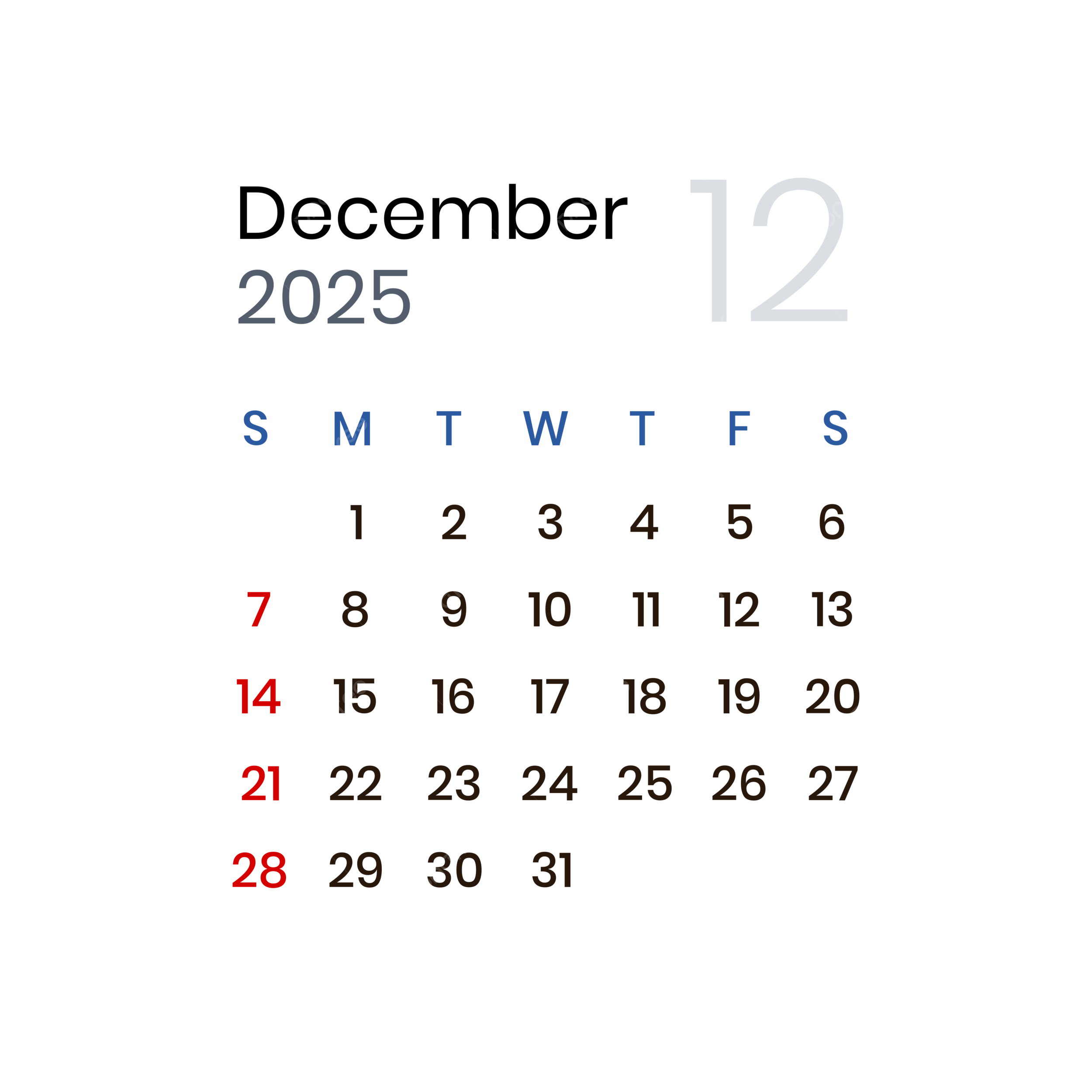 December 2025 Calendar Vector December 2025 December Calendar 2025 December PNG And Vector With Transparent Background For Free Download