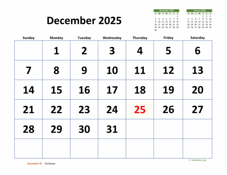 December 2025 Calendar With Extra large Dates WikiDates