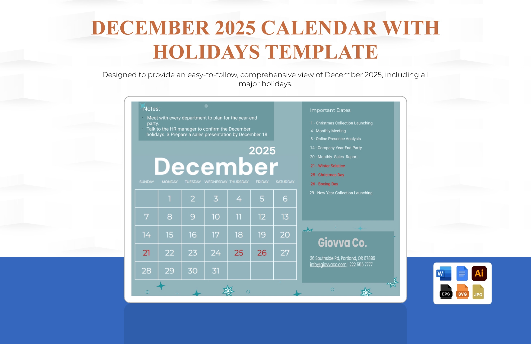 December 2025 Calendar With Holidays In EPS Illustrator JPG Word SVG Google Docs To Download Template