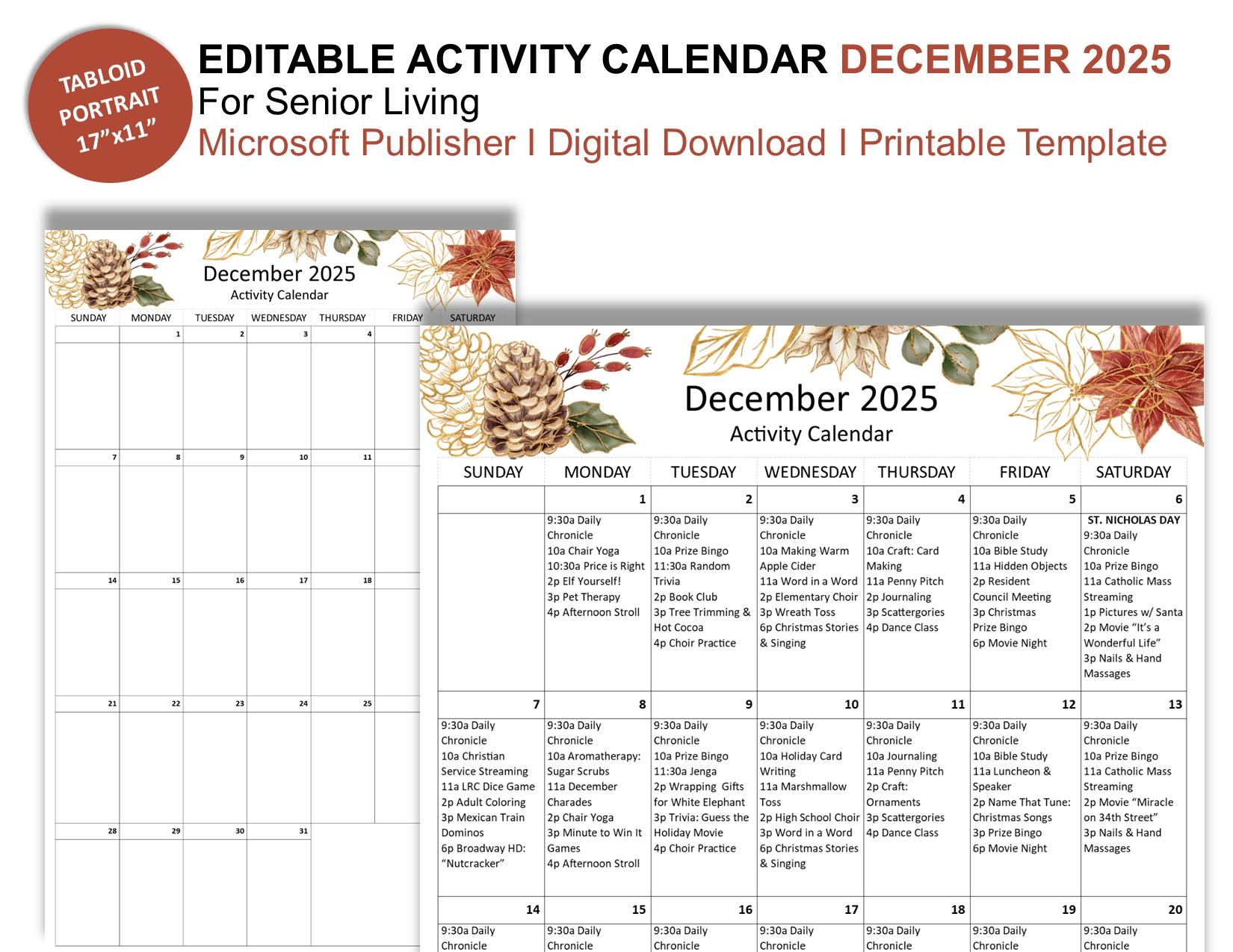 December 2025 Editable Monthly Activities Calendar For Senior 