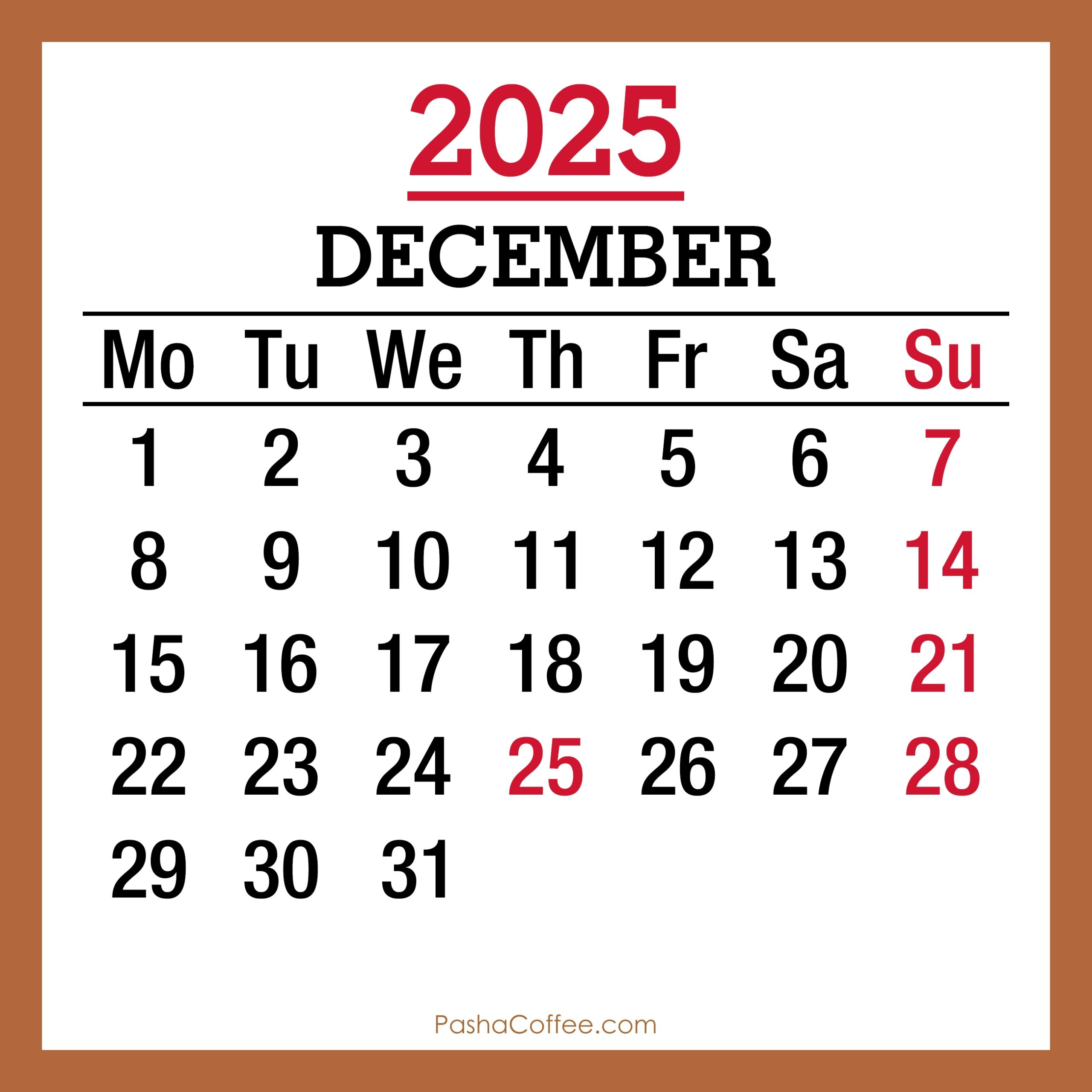 December 2025 Monthly Calendar With Holidays Printable Free Beige Monday Start PashaCoffee