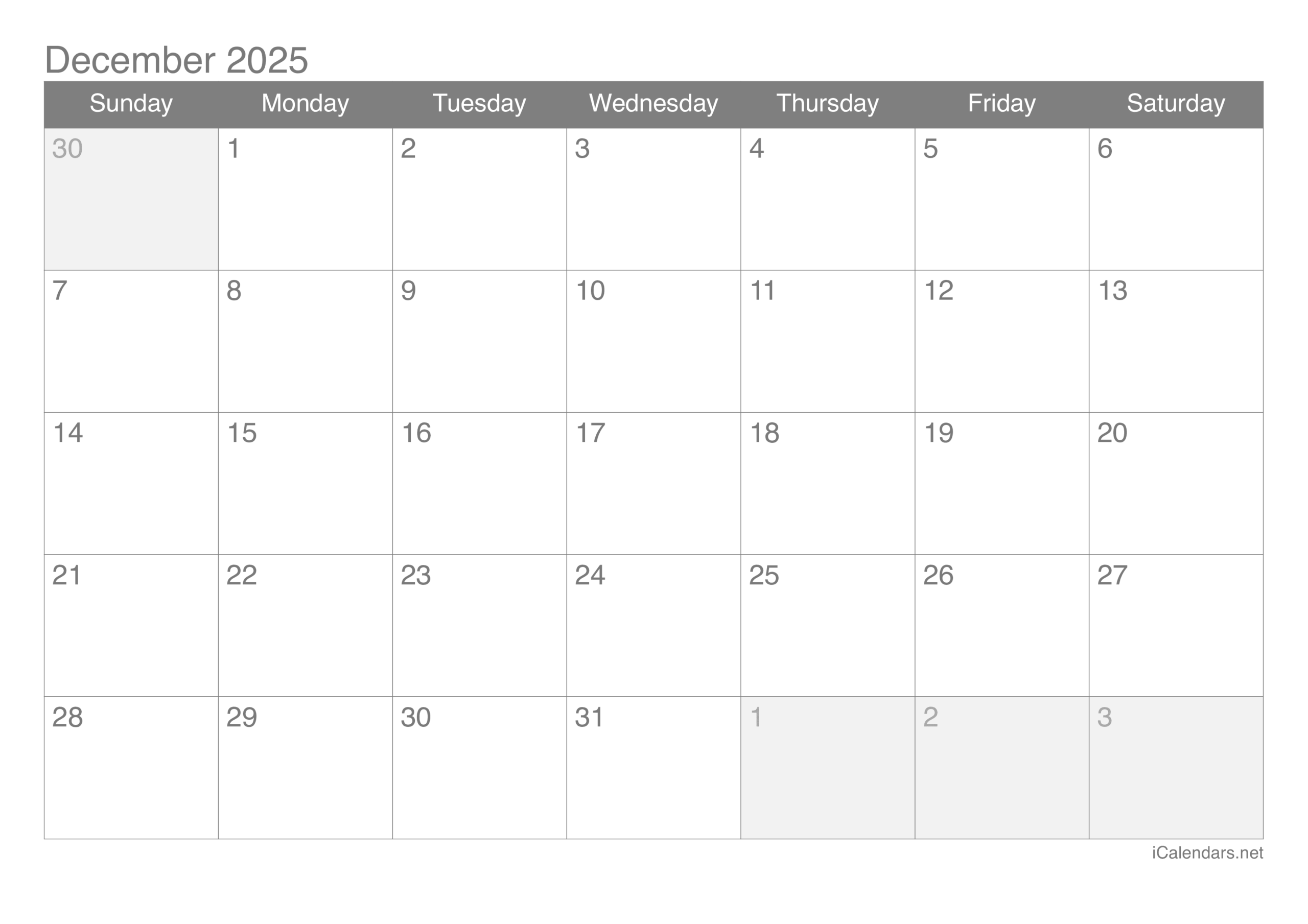 Calendar Month For December 2025