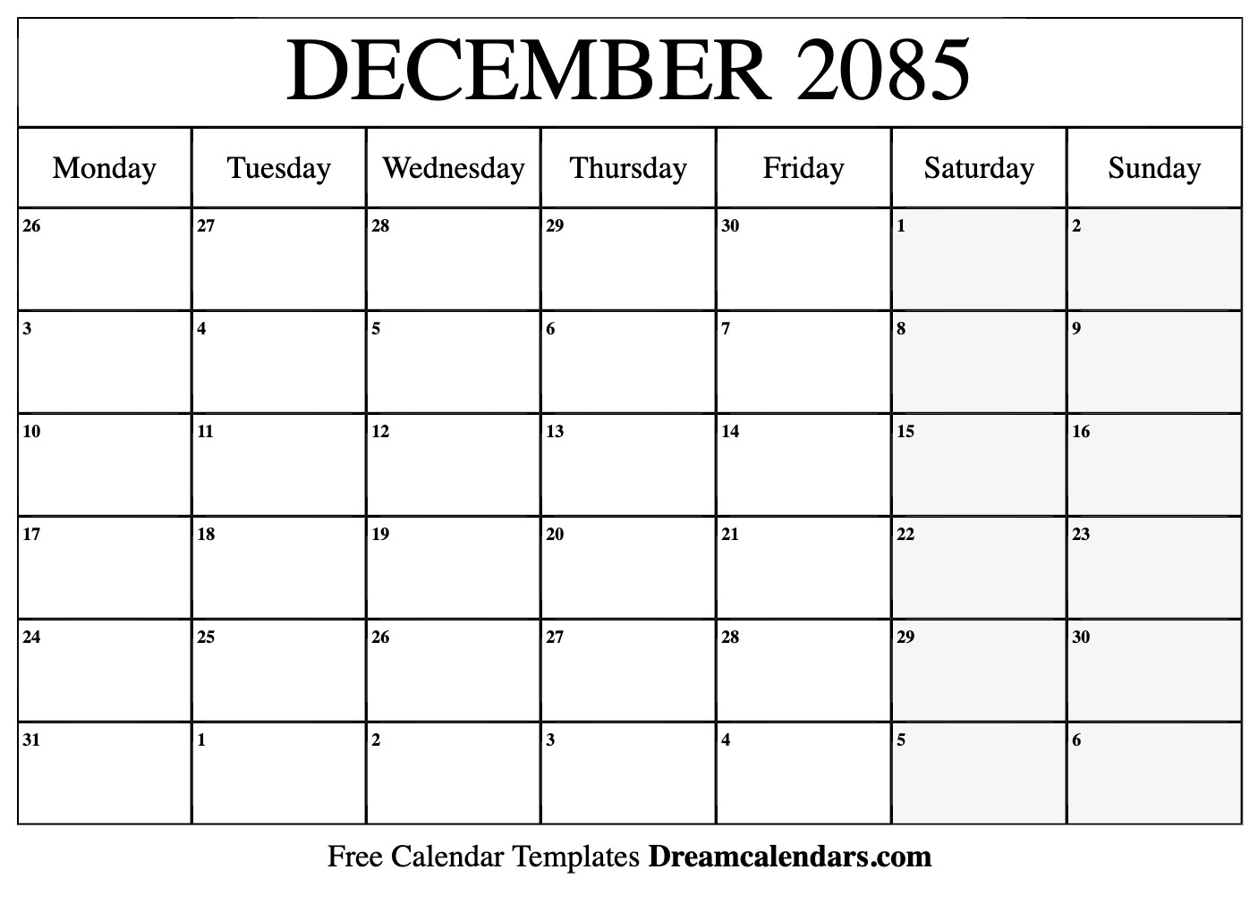 December 2085 Calendar Free Printable With Holidays And Observances
