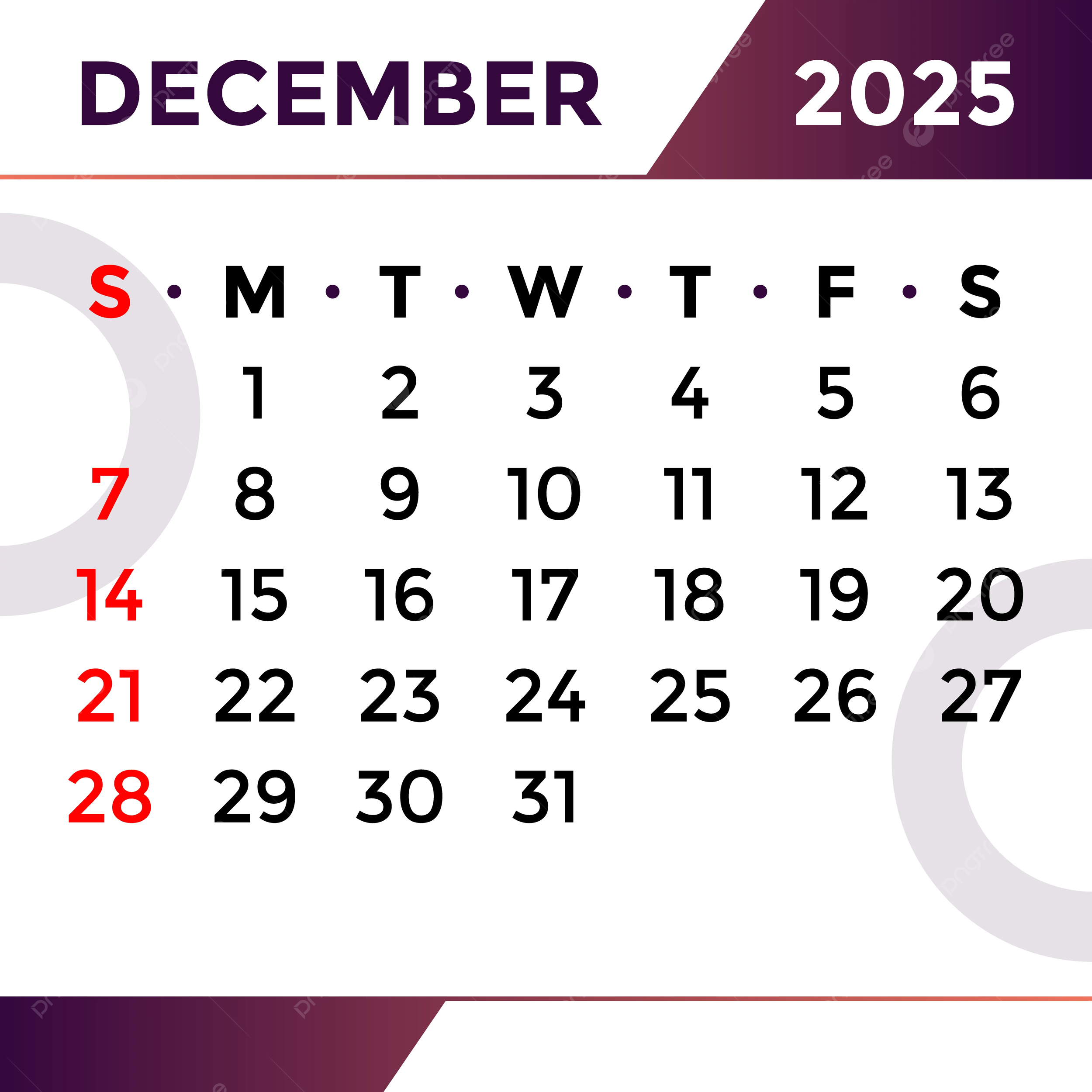 December Month Calendar 2025 Vector Template Download On Pngtree