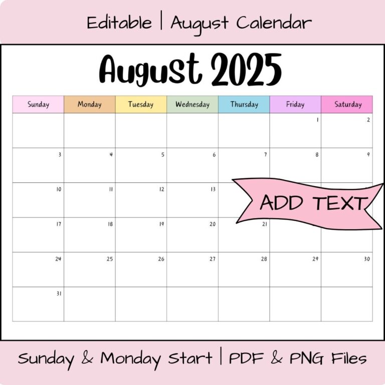 Editable August 2025 Calendar Printable Activity Planner Rainbow Classroom Calendar Digital Download PDF Files Family Organizer Fillable Etsy