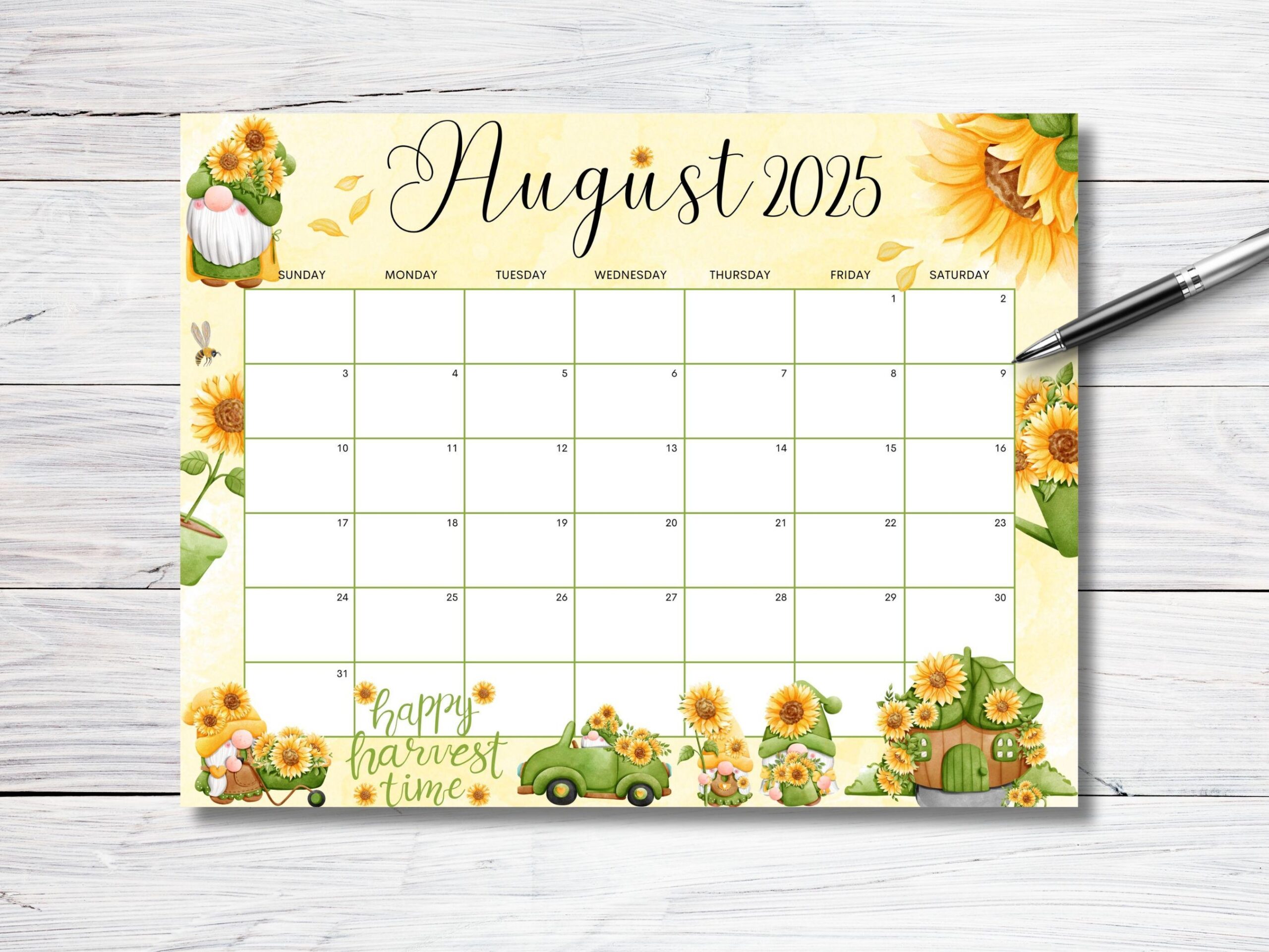 EDITABLE August 2025 Calendar Sunflower Gnome Garden Planner Monthly Kids School Schedule Printable Editable Calendar Instant Download
