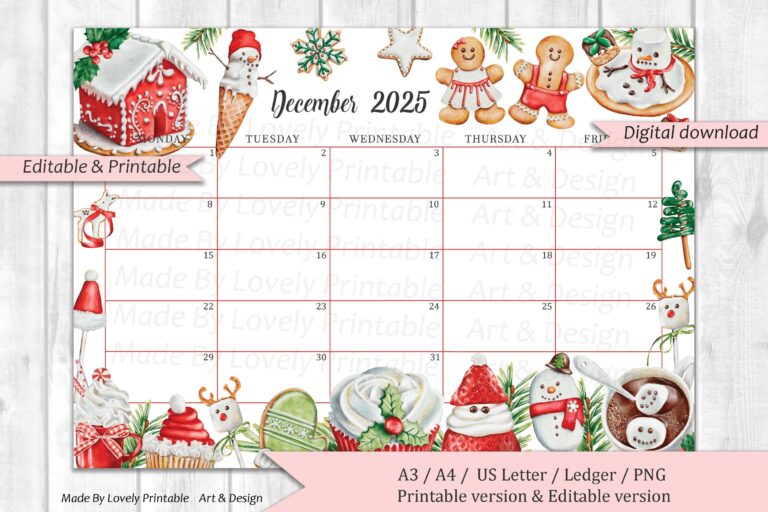 EDITABLE December 2025 Calendar Christmas Sweets U0026 Drinks mon