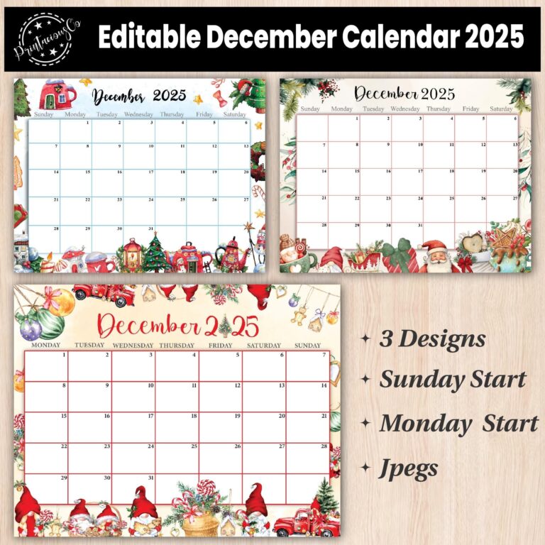 Editable December 2025 Calendar Printable Wall Calendar 2025