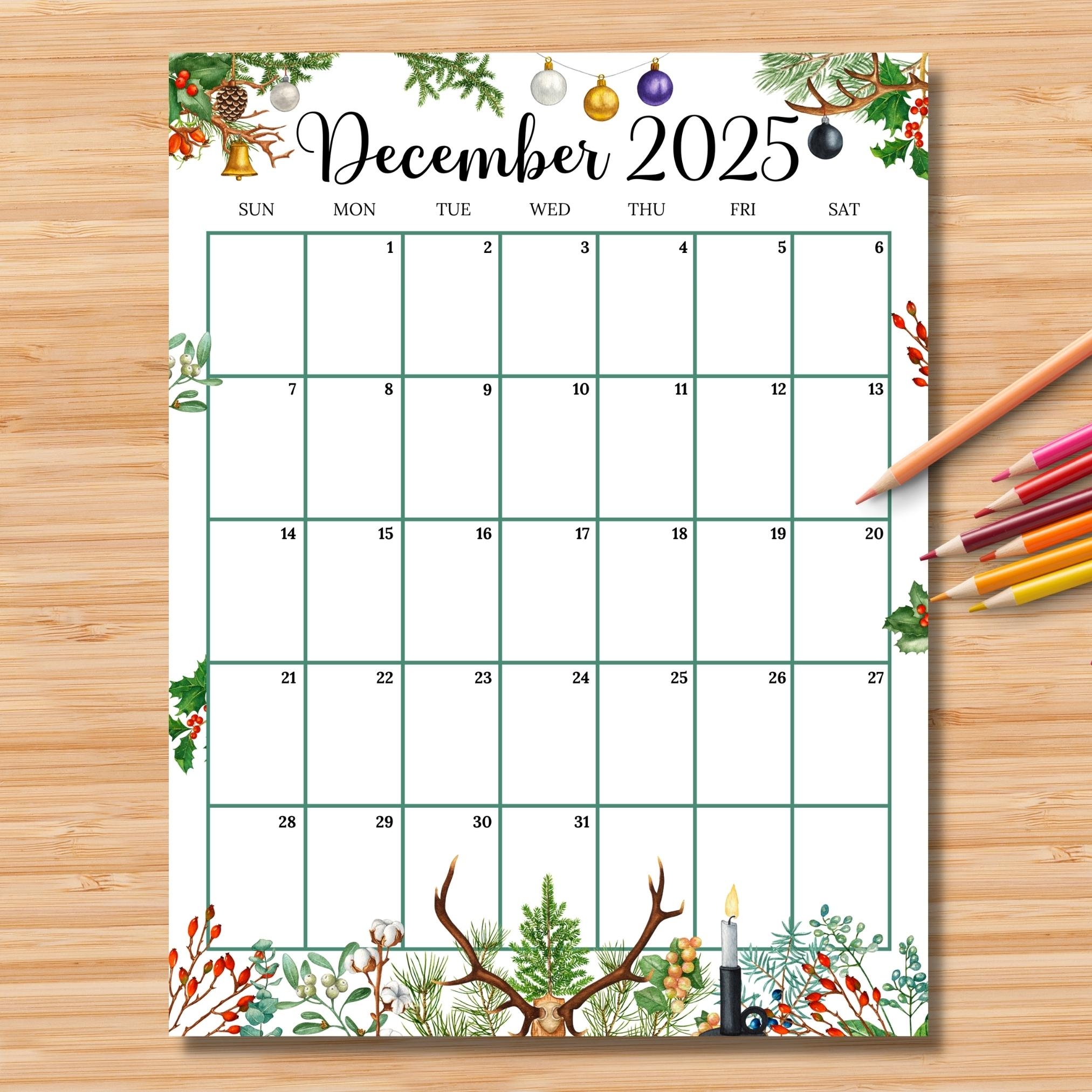 EDITABLE December 2025 Calendar vertical portrait Colorful Christmas Planner Monthly Schedule For Kids School Home Work U0026 Office Etsy