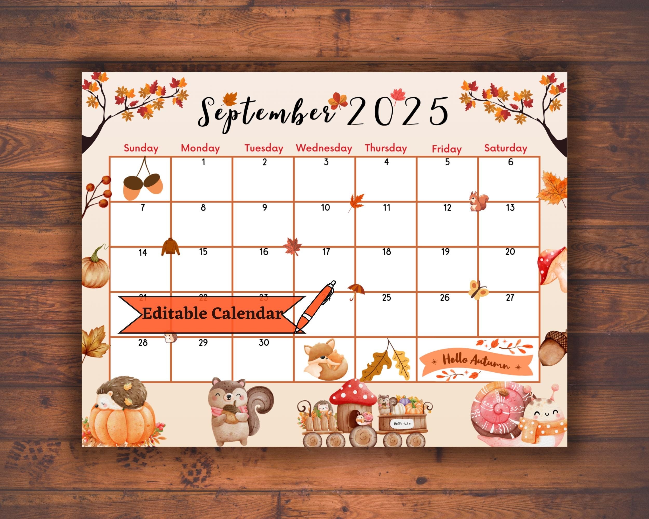 Editable Fillable September 2025 Calendar For Autumn Fall Back 