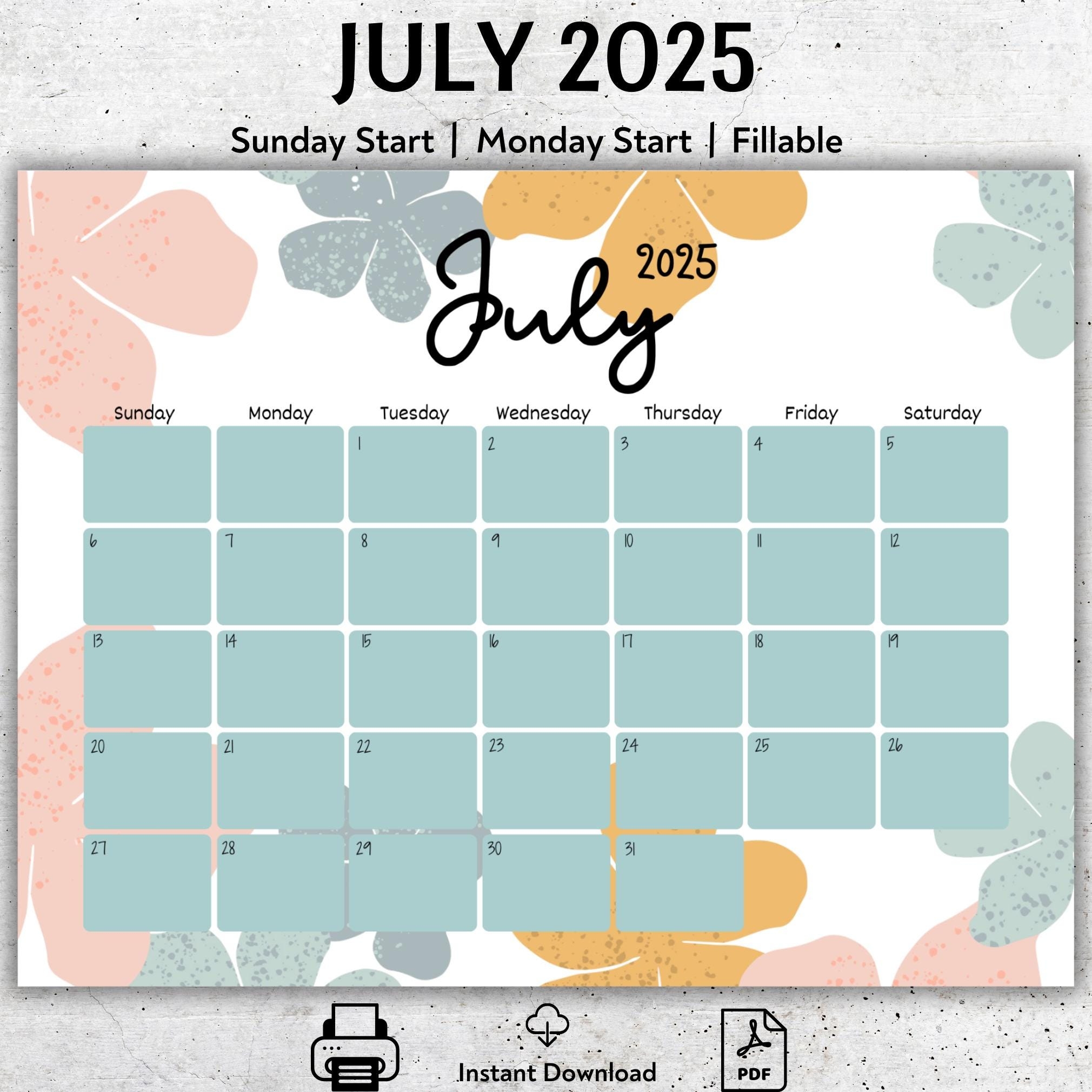 July 2025 Calendar Fillable