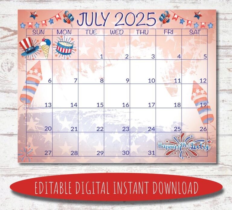 Editable July 2025 Calendar Digital Calendar Printable Calendar July Calendar Watercolor Calendar July 2025 Calendar