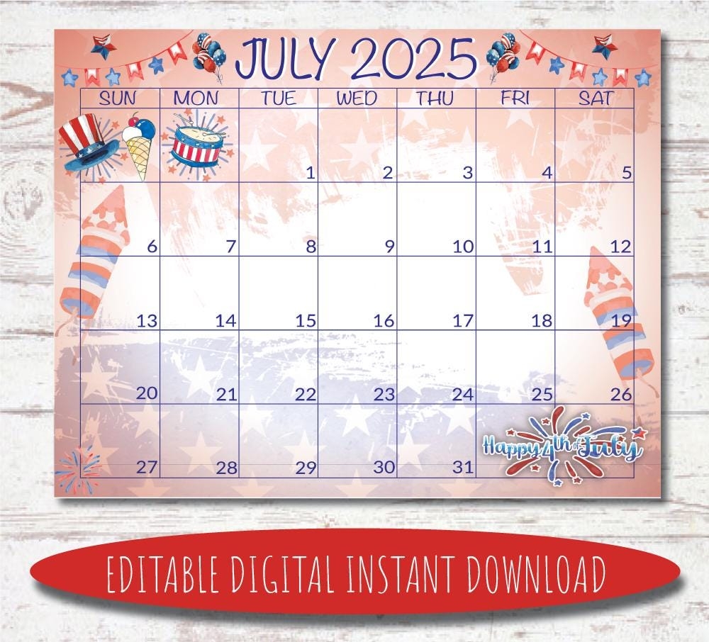 Editable July 2025 Calendar Digital Calendar Printable Calendar July Calendar Watercolor Calendar July 2025 Calendar Etsy Canada