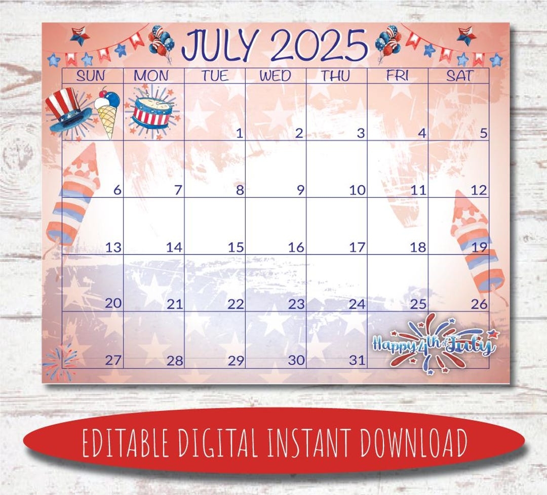 Editable July 2025 Calendar Digital Calendar Printable Calendar July Calendar Watercolor Calendar July 2025 Calendar
