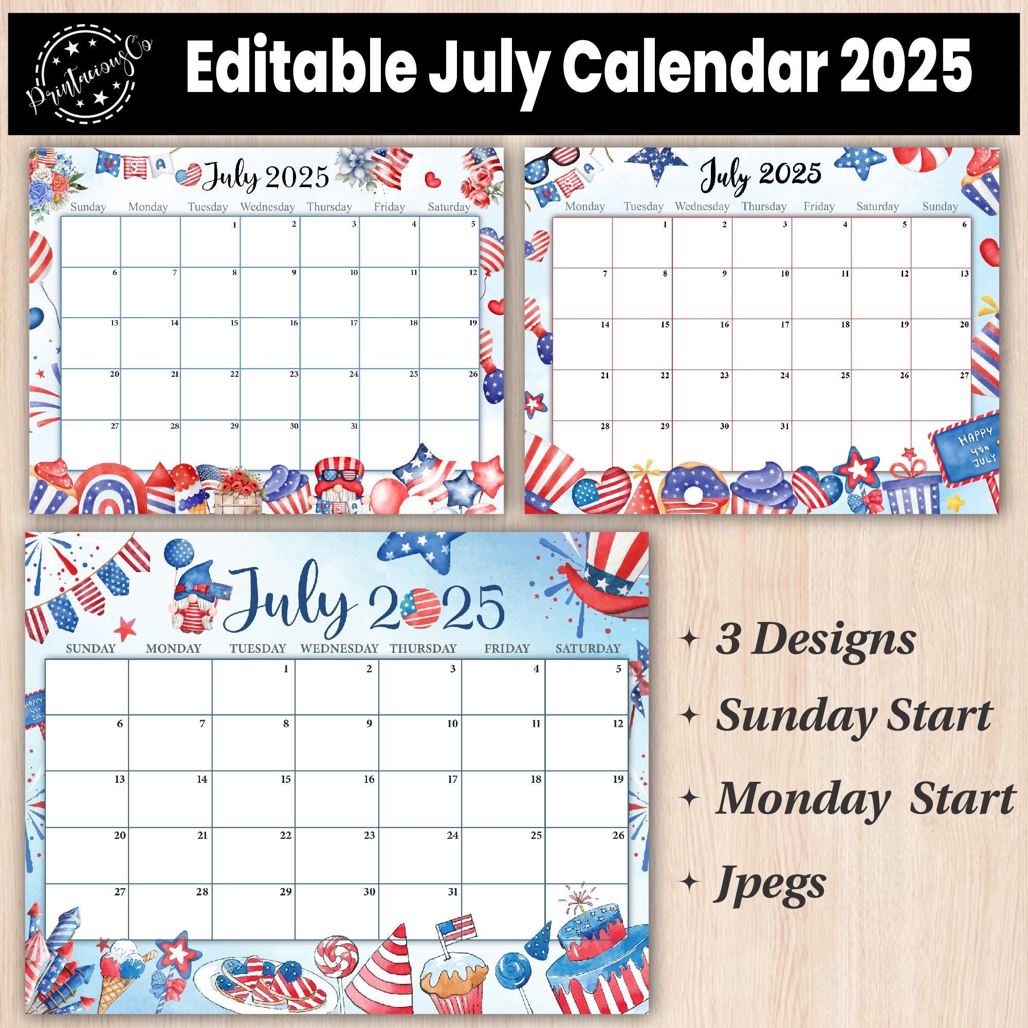 Editable July 2025 Calendar Fillable Monthly Planner Monday Start