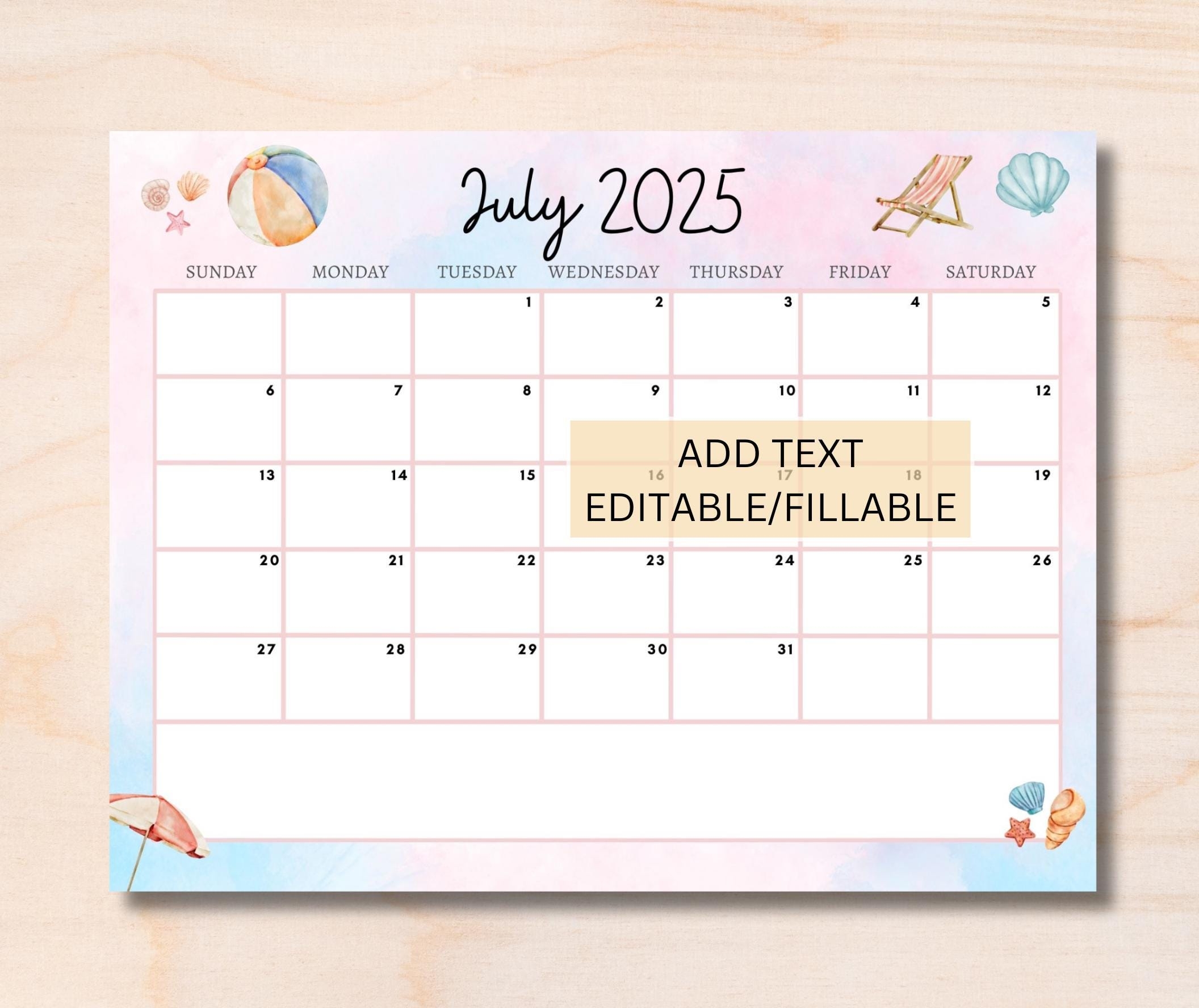 Fillable Calendar July 2025