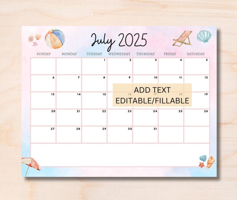 EDITABLE July 2025 Calendar July 2025 Summer Calendar Printable Fillable Monthly Planner For Kids Home Work Instant Download Etsy