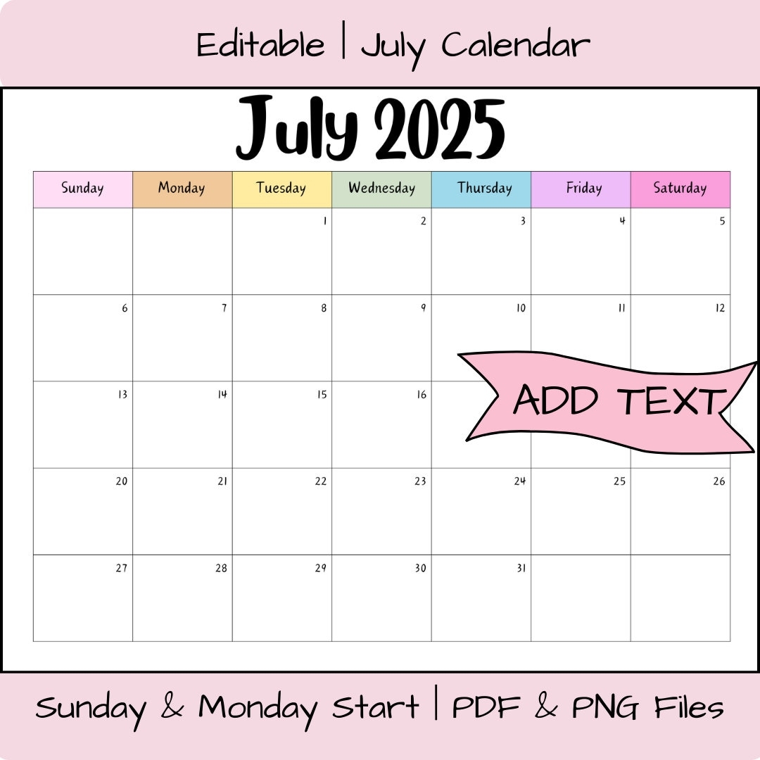 Editable July 2025 Calendar Printable Activity Planner Rainbow Classroom Calendar Digital Download PDF Files Family Organizer Fillable